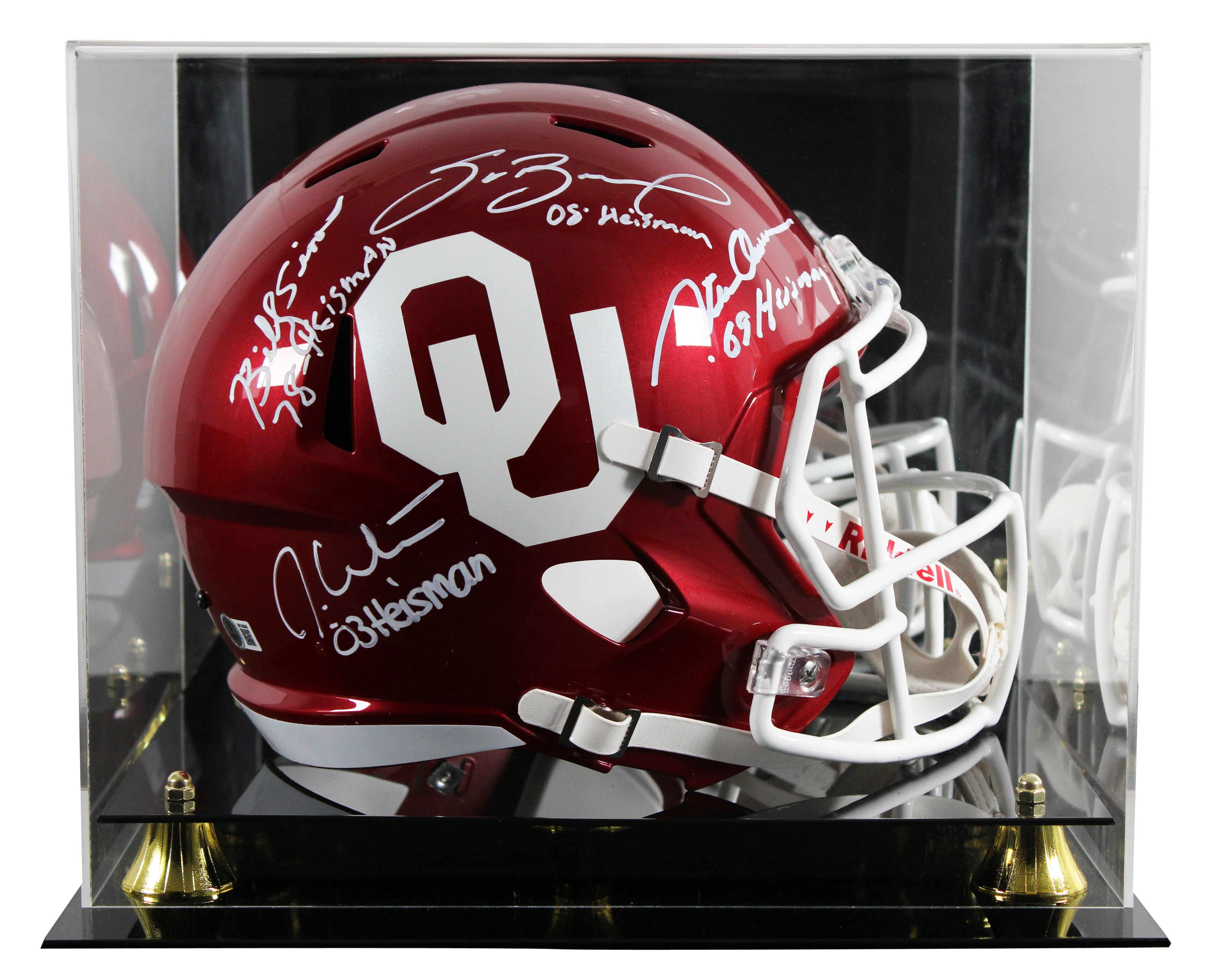 OU (4) Sims, White, Owens & Bradford Signed F/S Speed Rep Helmet W/ Case BAS Wit
