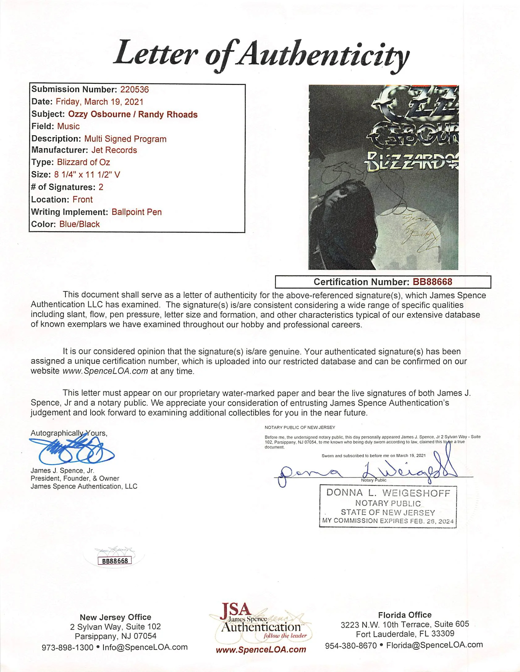 Ozzy Osbourne & Randy Rhoads Signed Blizzard Of Ozz Program JSA #BB88668 - Image 5