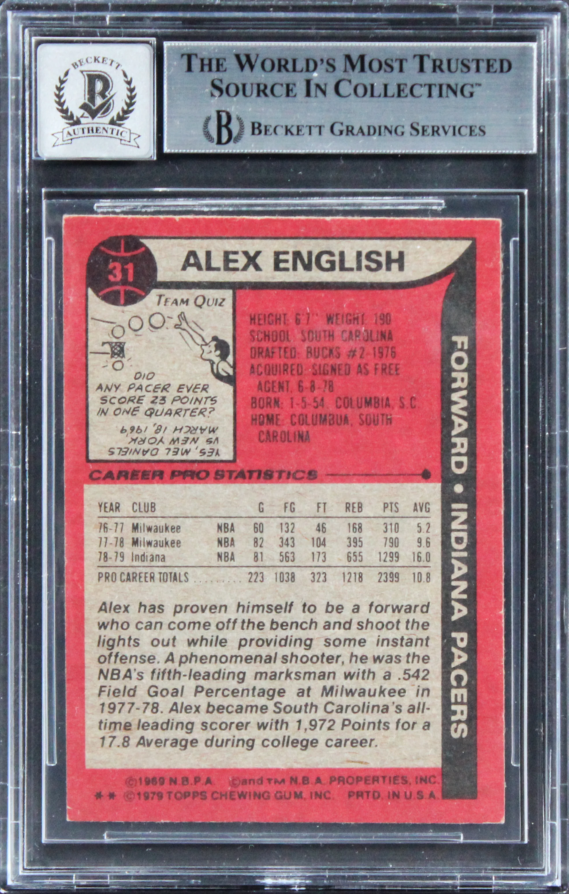 Pacers Alex English "HOF 97" Signed 1979 Topps #31 Card Auto GM 10! BAS Slabbed - Image 3