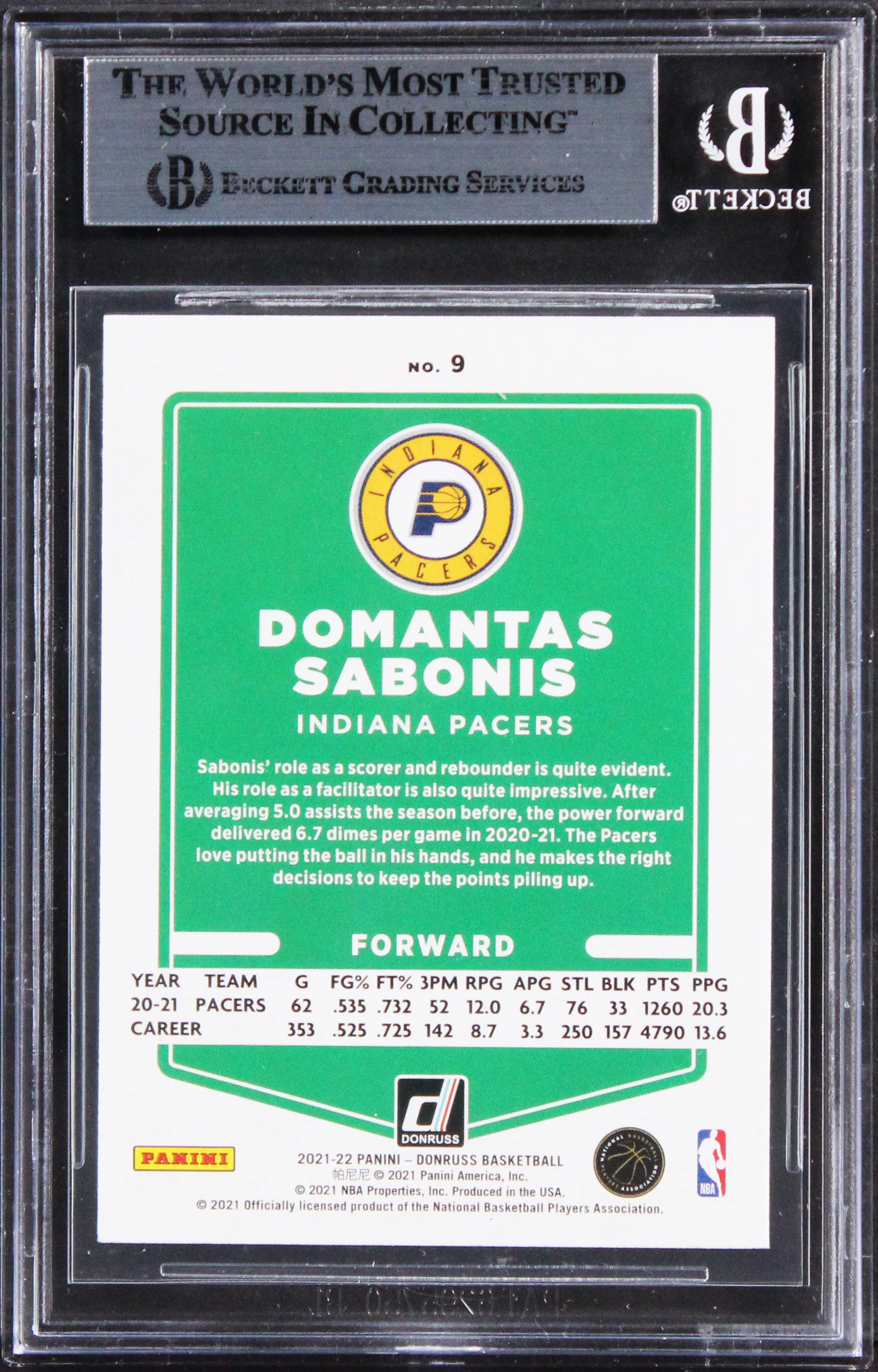 Pacers Domantas Sabonis Authentic Signed 2021 Donruss #9 Card BAS Slabbed - Image 3