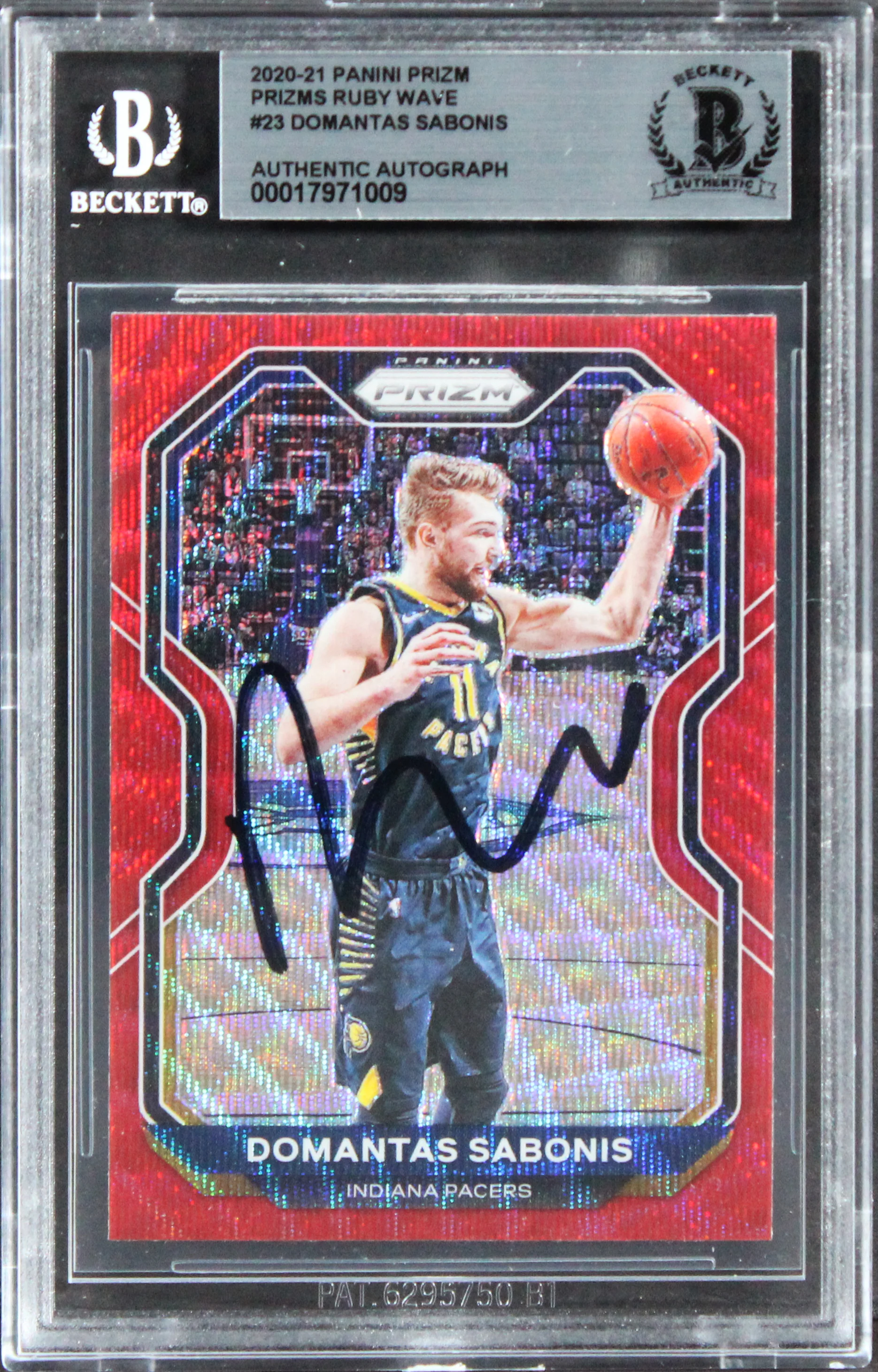 Pacers Domantas Sabonis Signed 2020 Panini Prizm Ruby Wave #23 Card BAS Slabbed - Image 2
