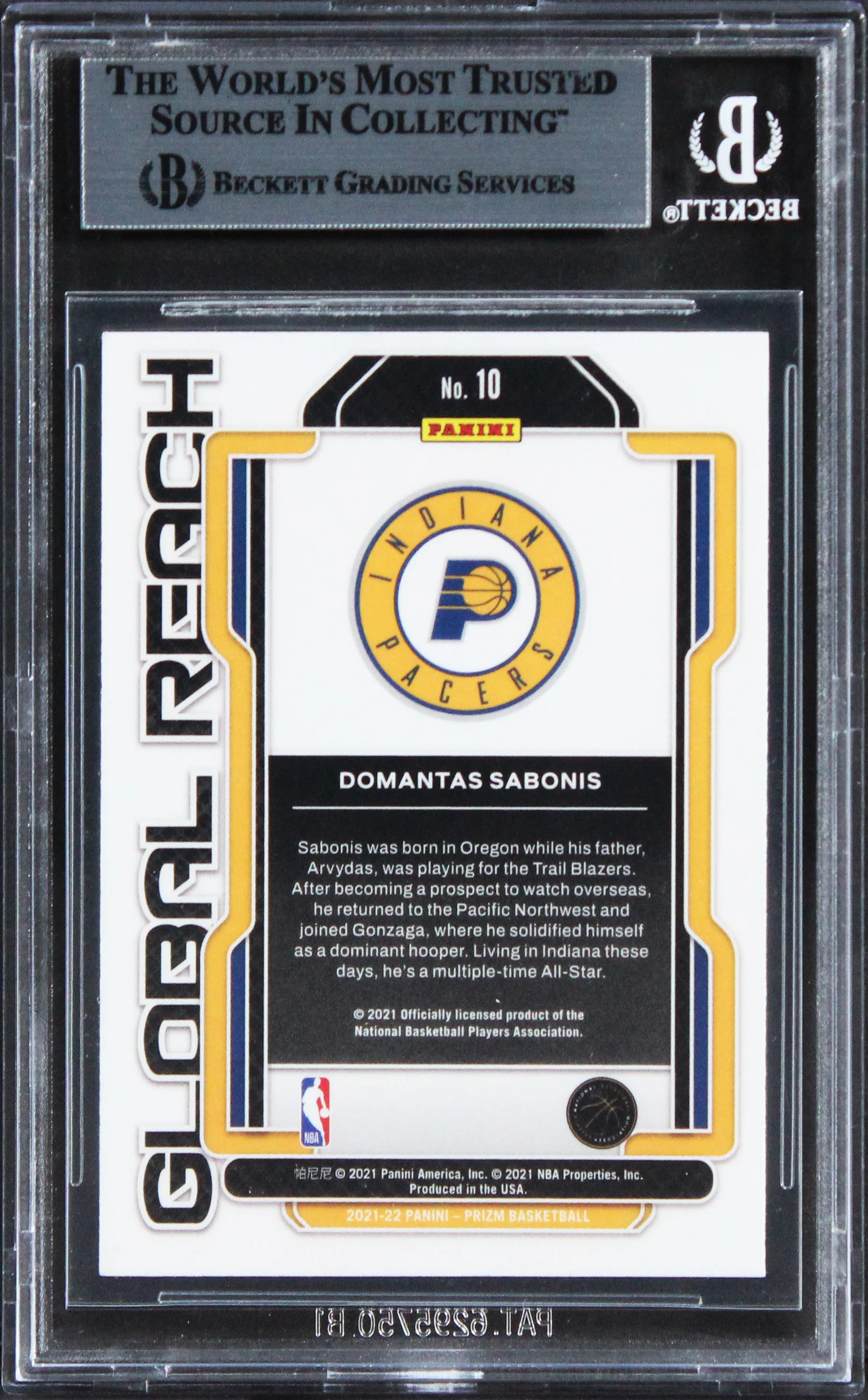Pacers Domantas Sabonis Signed 2021 Panini Prizm Global Reach #10 Card BAS Slab - Image 3