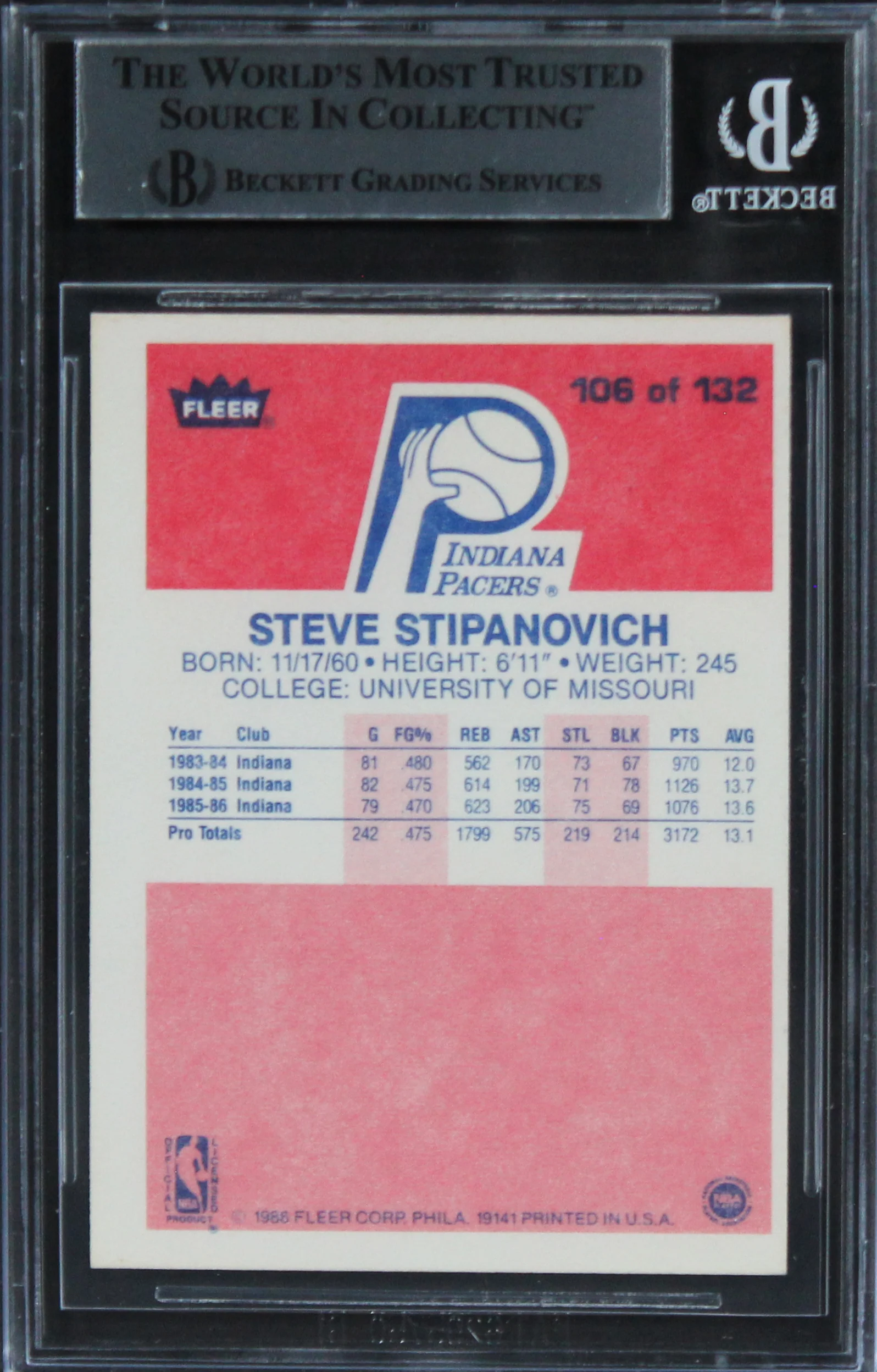 Pacers Steve Stipanovich Authentic Signed 1986 Fleer #106 Card BAS Slabbed - Image 3
