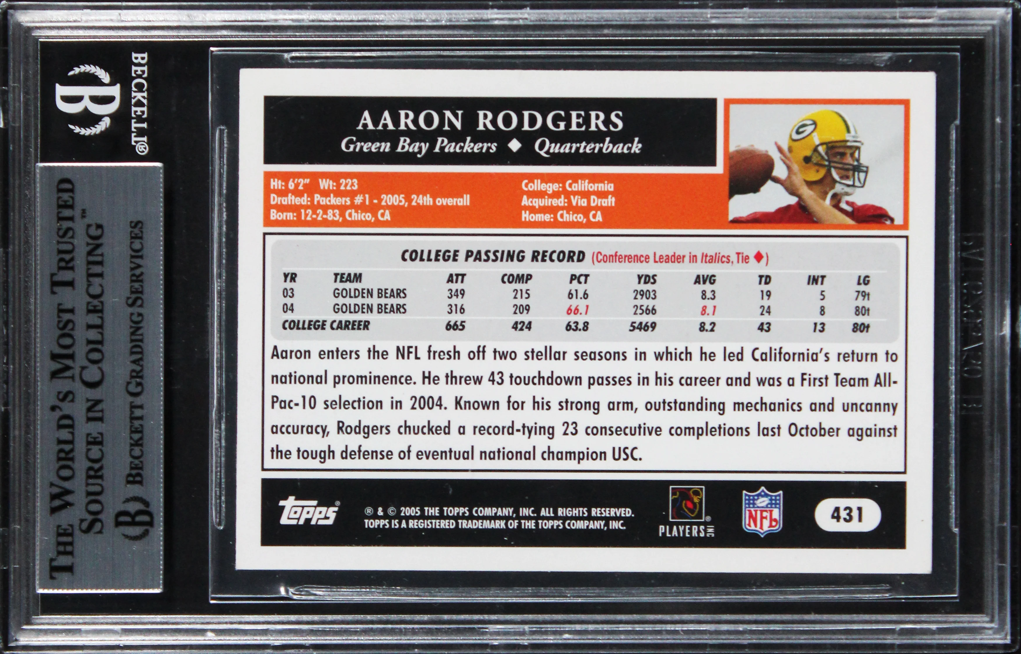 Packers Aaron Rodgers "XLV MVP" Signed 2005 Topps #431 Rookie Card BAS Slabbed - Image 3