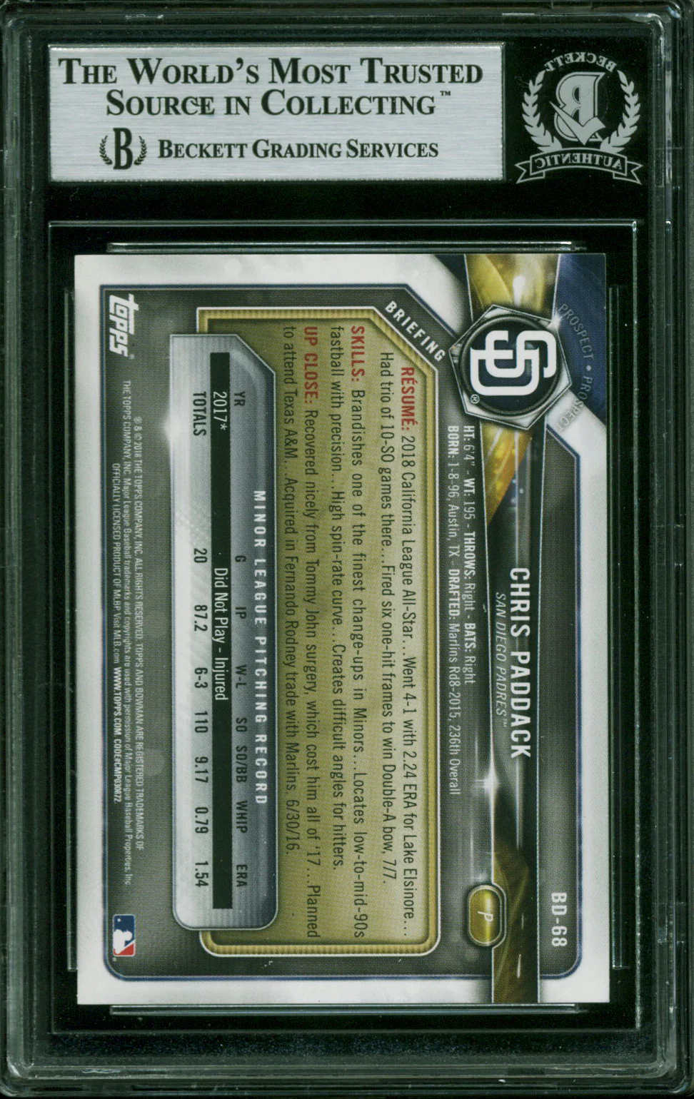 Padres Chris Paddack Authentic Signed 2018 Bowman Draft #BD68 Card BAS Slabbed - Image 3