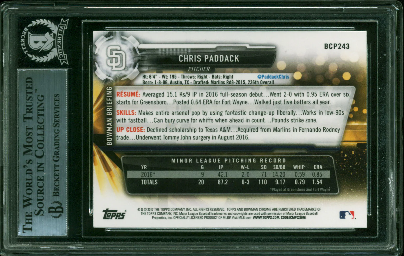 Padres Chris Paddack Signed 2017 Bowman Chrome Prospects #BCP243 Card BAS Slab - Image 3