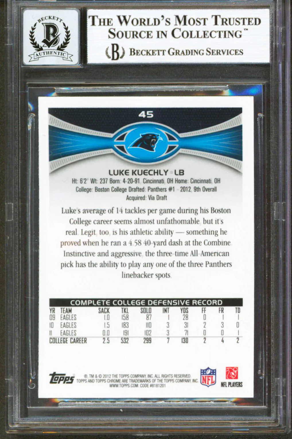 Panthers Luke Kuechly Signed 2012 Topps Chrome #45 Rookie Card Auto 10! BAS Slab - Image 3