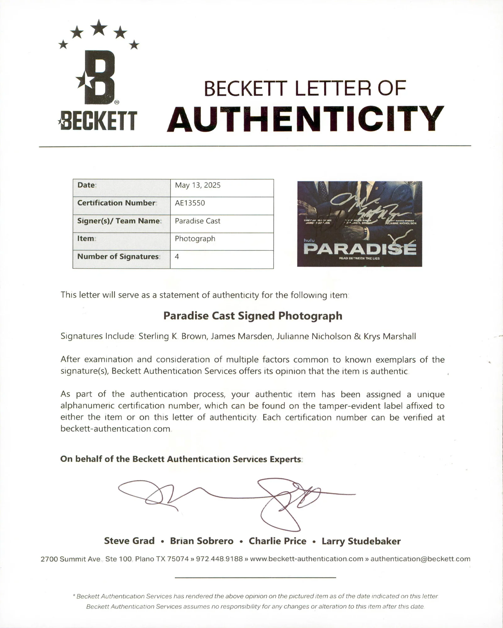 Paradise (4) Brown, Marsden, Nicholson, Marshall Signed 11x14 Photo BAS #AE13550 - Image 3