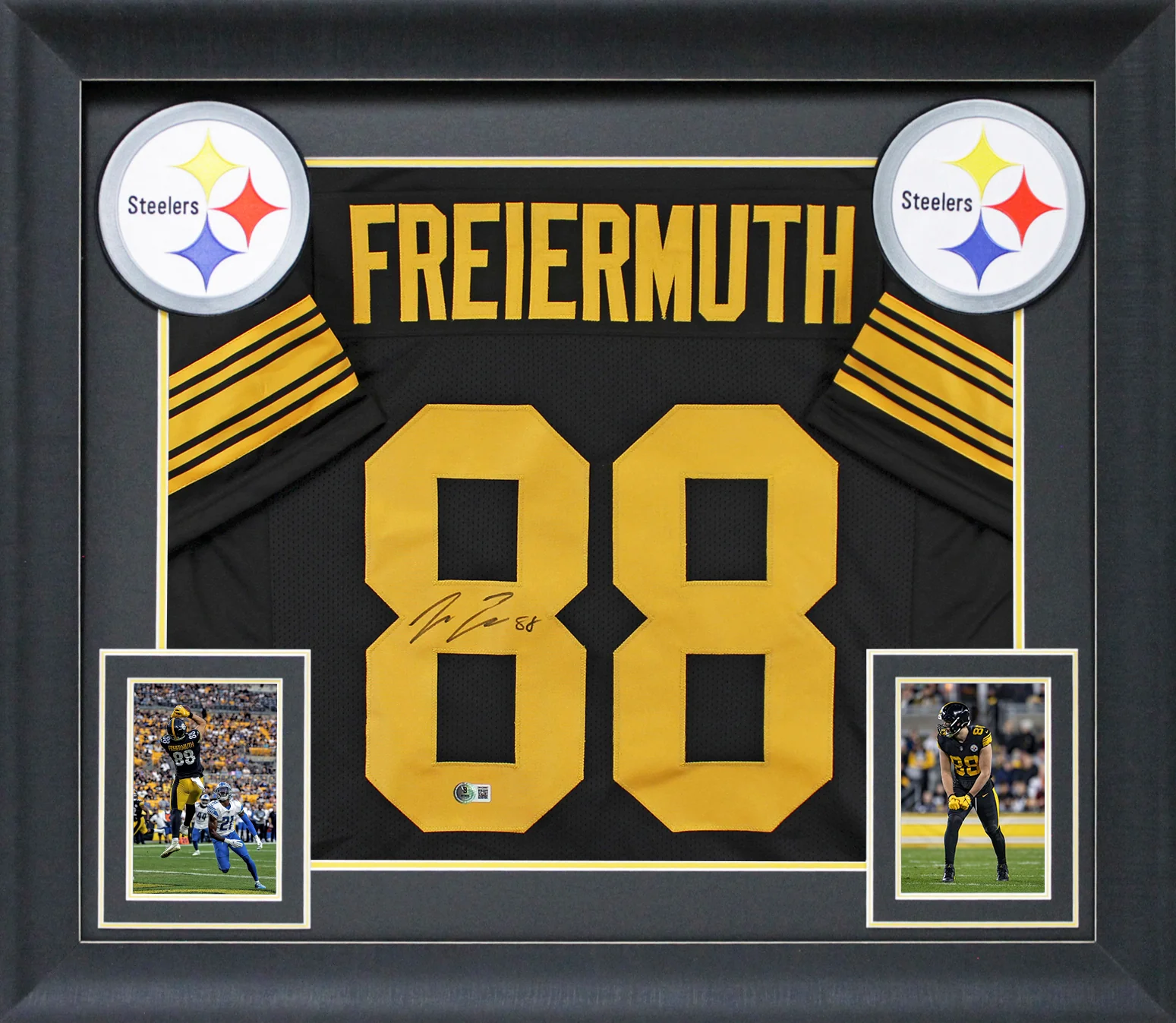 Pat Freiermuth Signed Black Color Rush Pro Style Framed Jersey BAS Witnessed - Image 2