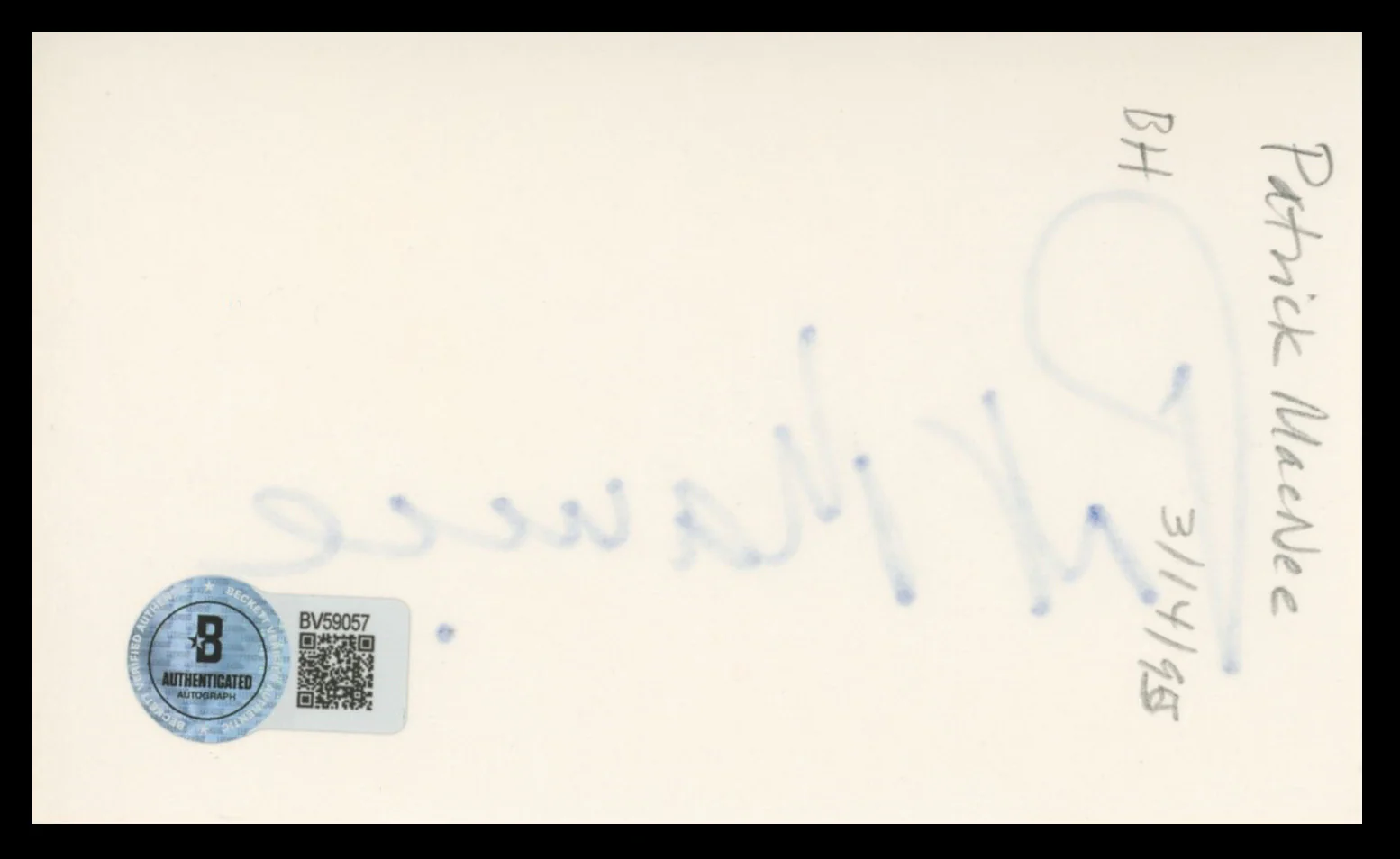 Patrick Macnee The Avengers Authentic Signed 3x5 Index Card BAS #BV59057 - Image 3