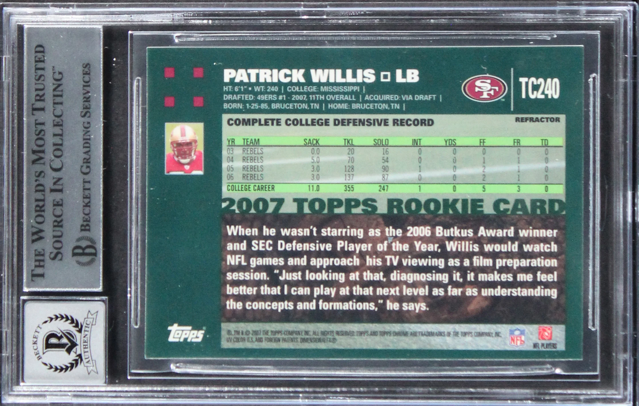 Patrick Willis Signed 2007 Topps Chrome Refractors #TC240 Card Auto 10 BAS Slab - Image 3