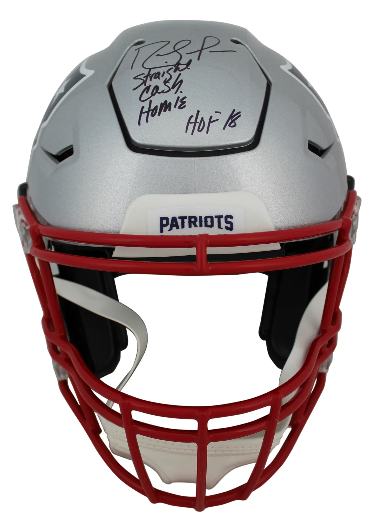 Patriots Randy Moss "SCH HOF 18" Signed Speed Flex Full Size Helmet BAS Witness - Image 4