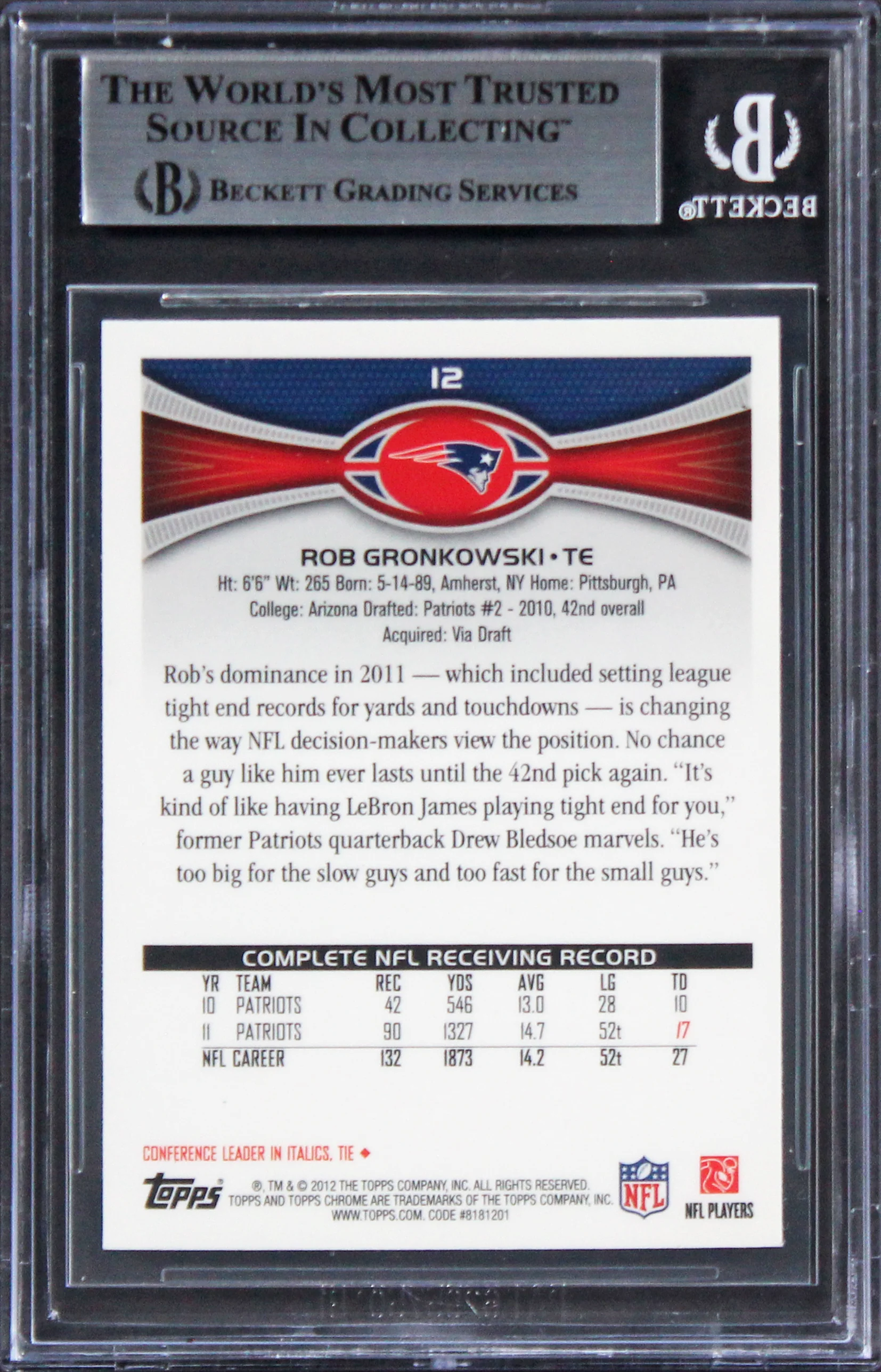 Patriots Rob Gronkowski Authentic Signed 2012 Topps Chrome #12 Card BAS Slabbed - Image 3