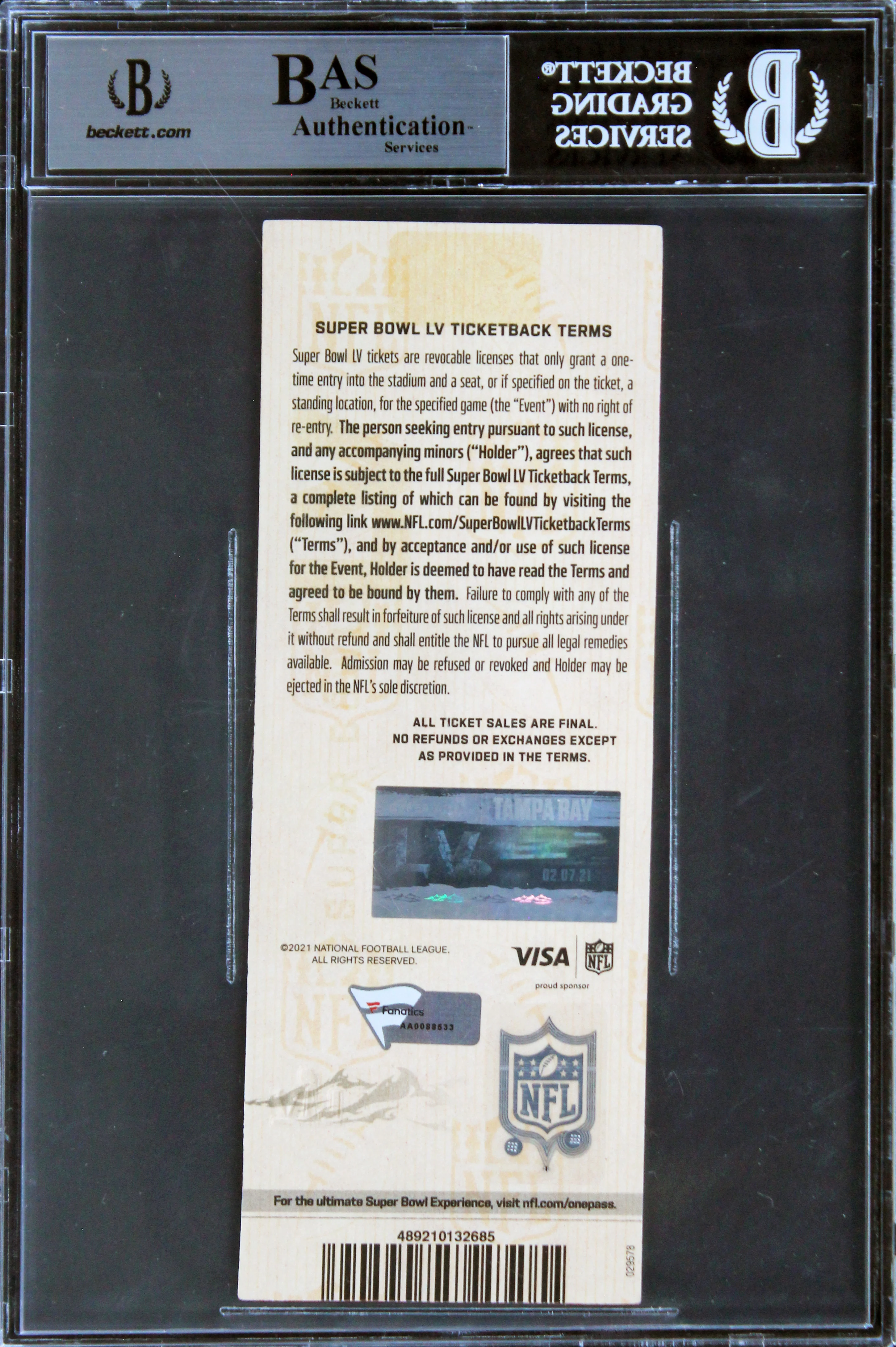 Patriots Tom Brady "SB LV MVP" Signed Super Bowl LV Full Ticket Stub BAS Slabbed - Image 3
