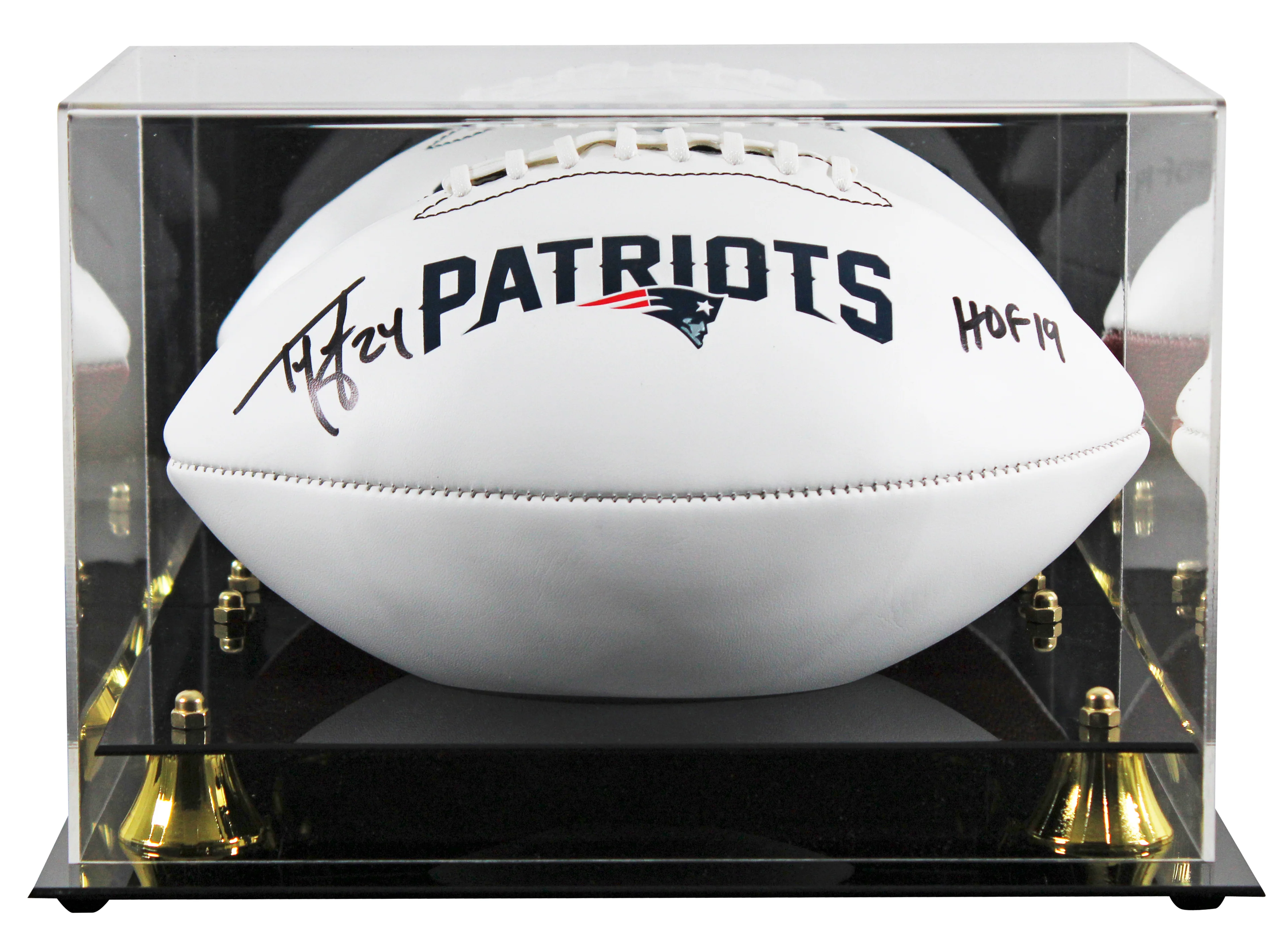 Patriots Ty Law "HOF 19" Signed Franklin White Panel Logo Football W/ Case BAS W - Image 2