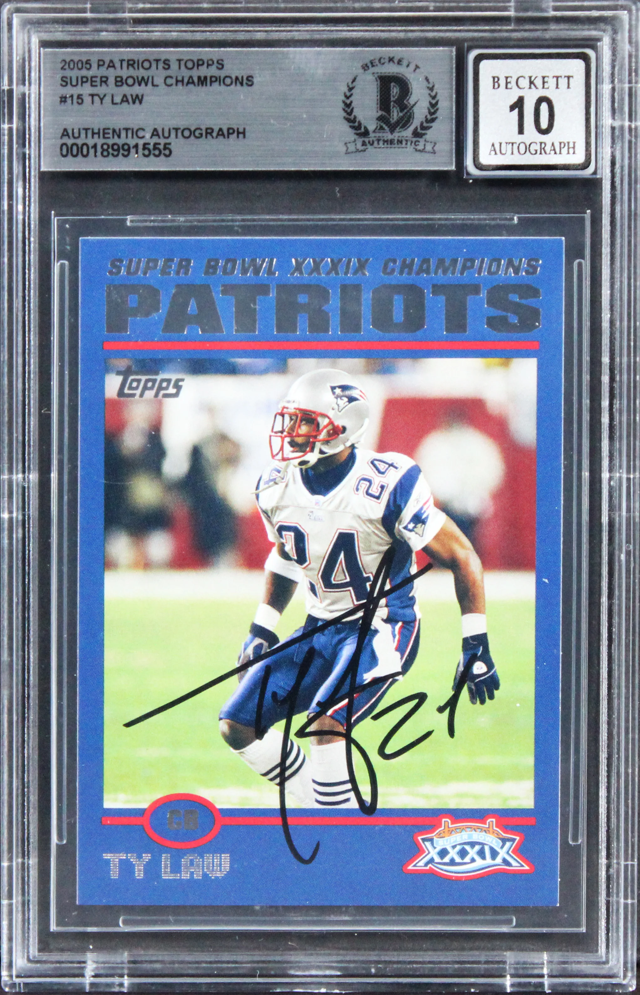 Patriots Ty Law Signed 2005 Topps SB Champs #15 Card Auto Graded 10! BAS Slabbed - Image 2
