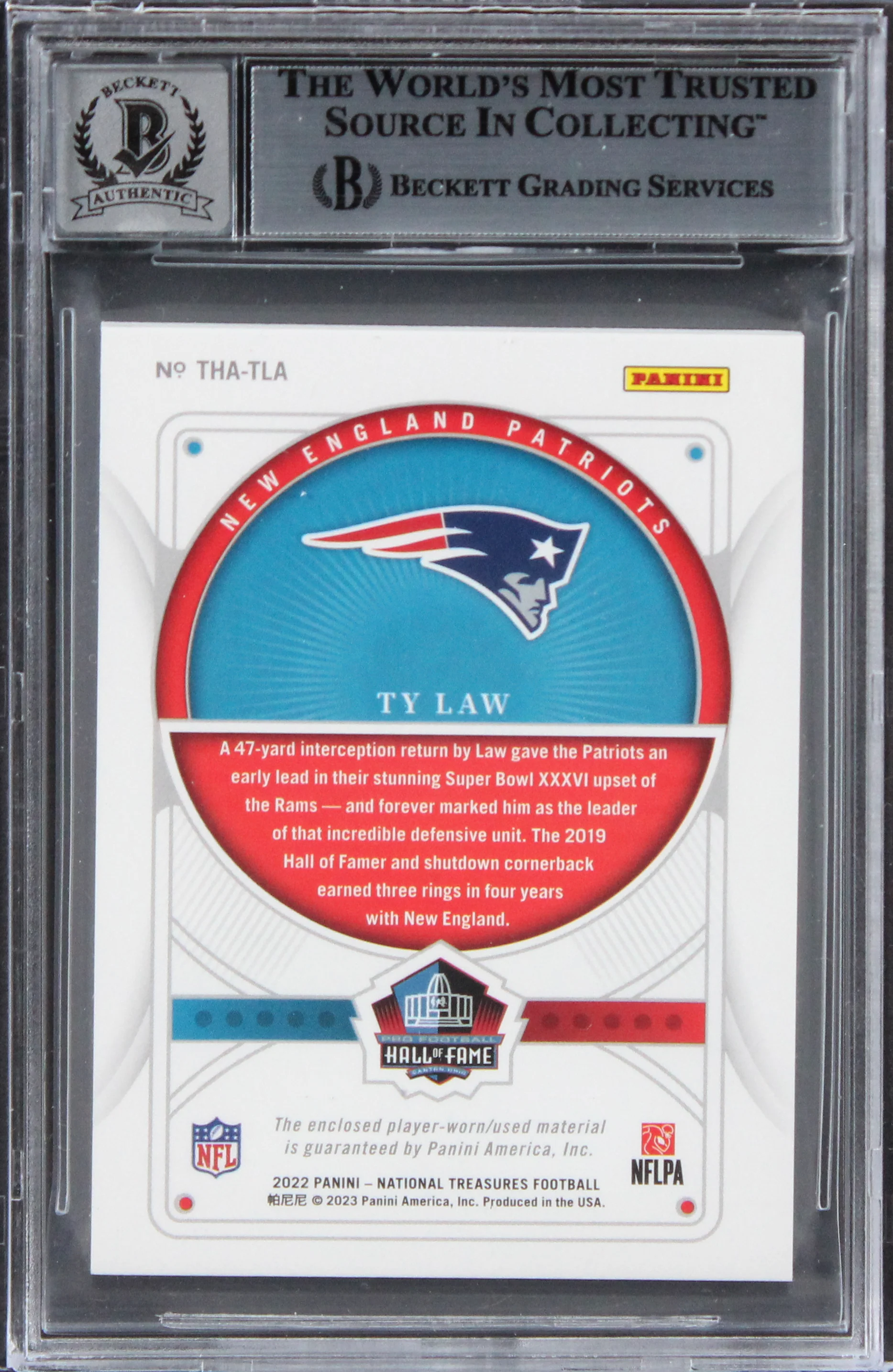 Patriots Ty Law Signed 2022 National Treasures OTH #27 Card Auto 10 BAS Slabbed - Image 3