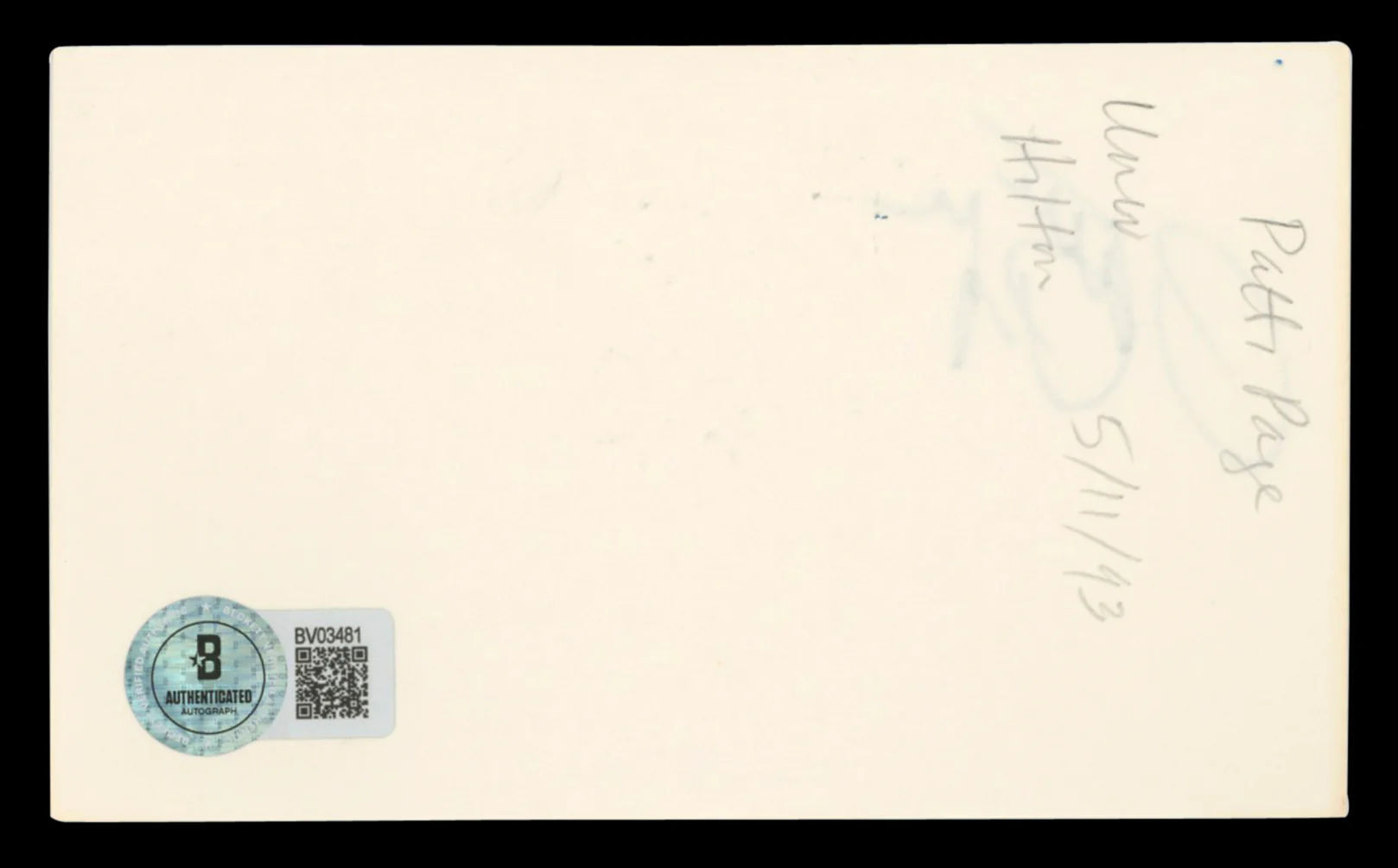 Patti Page Jimmy Joy Band Authentic Signed 3x5 Index Card BAS #BV03481 - Image 3