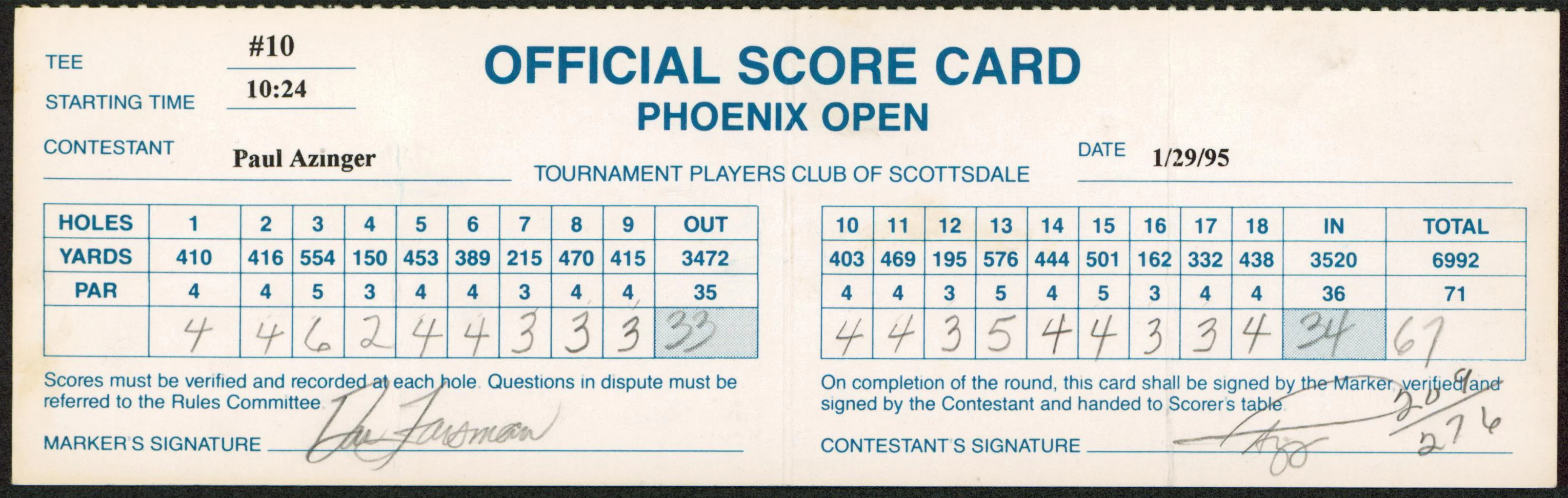 Paul Azinger & Dan Forsman Signed 1995 Phoenix Open Score Card BAS #AD97806 - Image 2