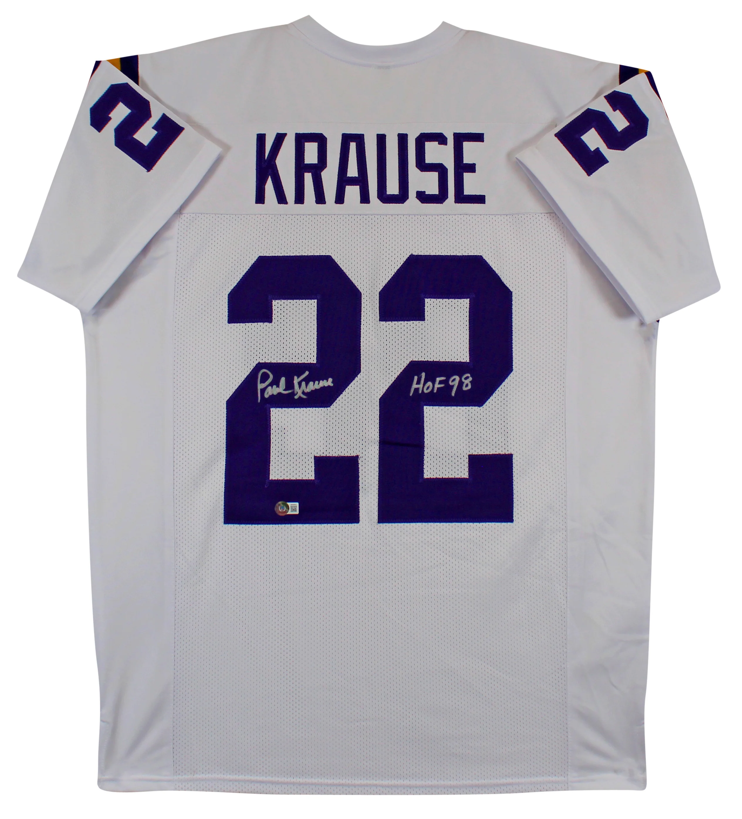 Paul Krause "HOF 98" Authentic Signed White Pro Style Jersey BAS Witnessed - Image 2