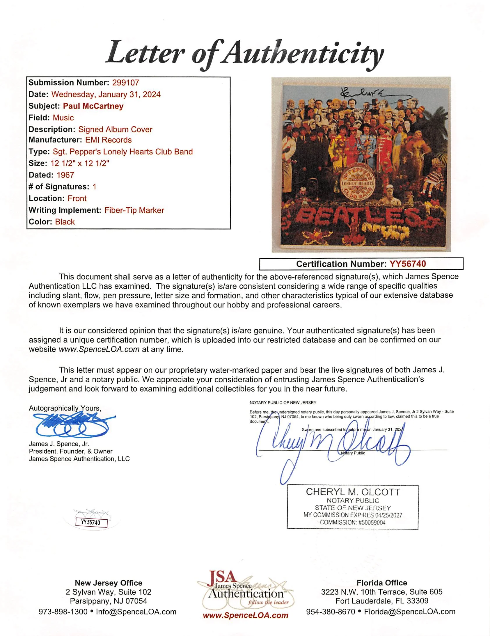 Paul McCartney Beatles Signed Sgt. Pepper's Album Cover W/ Vinyl JSA #YY56740 - Image 9