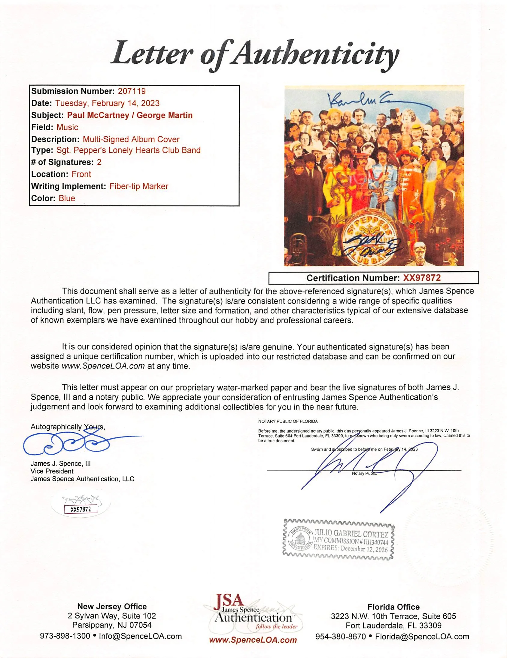 Paul McCartney & George Martin Beatles Signed Sgt. Pepper's Album Cover JSA - Image 8