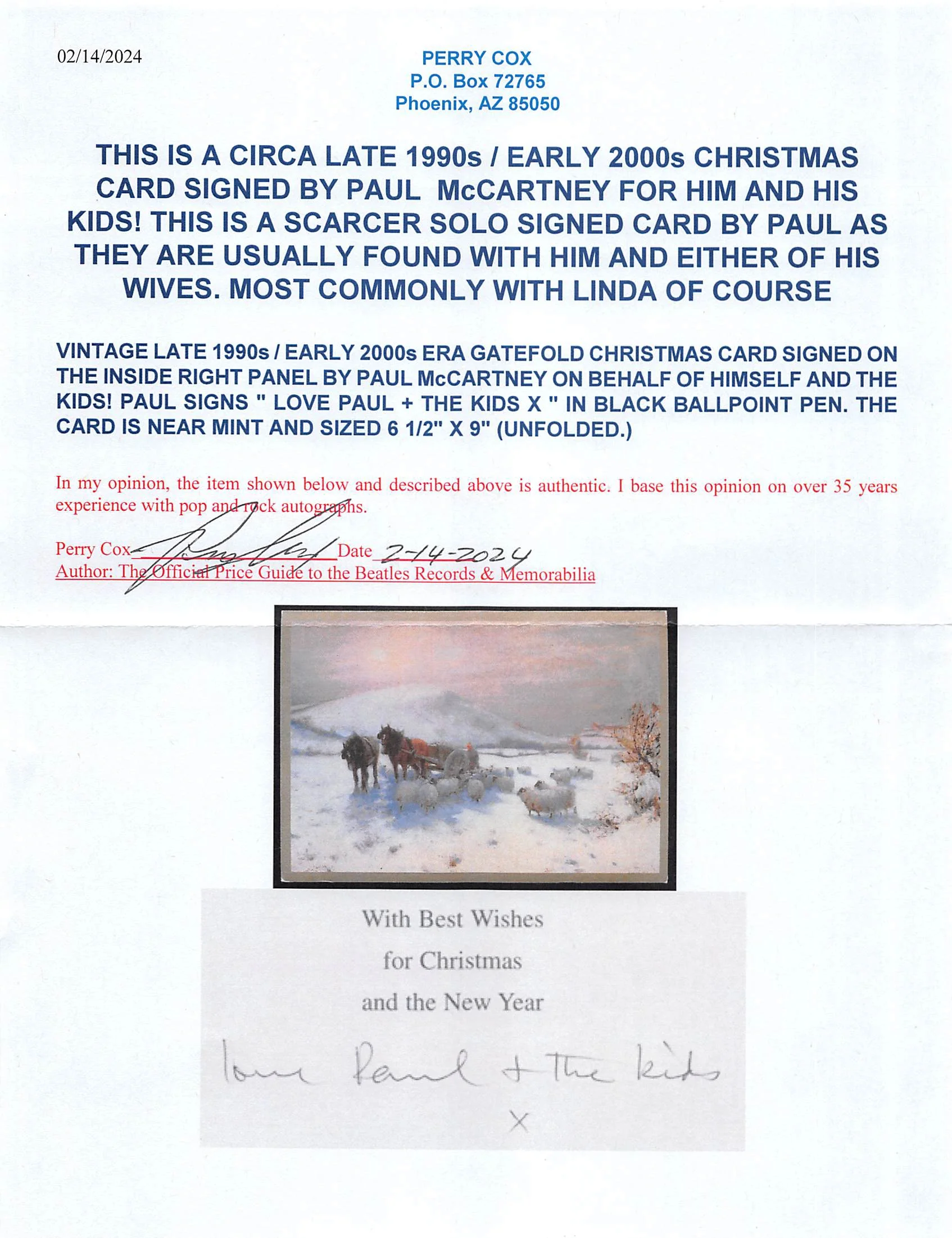 Paul McCartney "Love & The Kids" Signed 6.5x9 Christmas Greeting Card BAS - Image 9