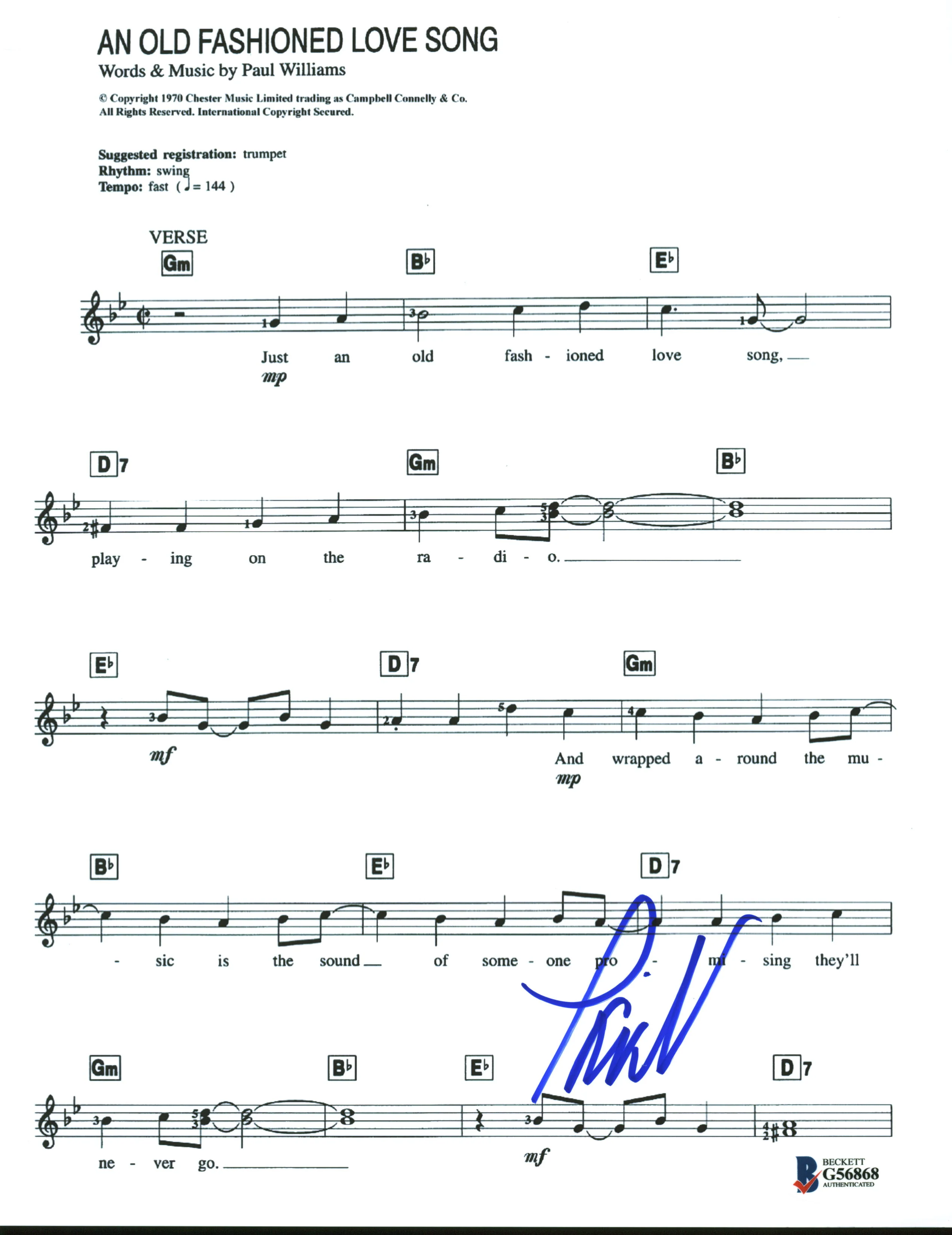 Paul Williams An Old Fashioned Love Song Signed 8x10 Music Sheet BAS #G56868 - Image 2