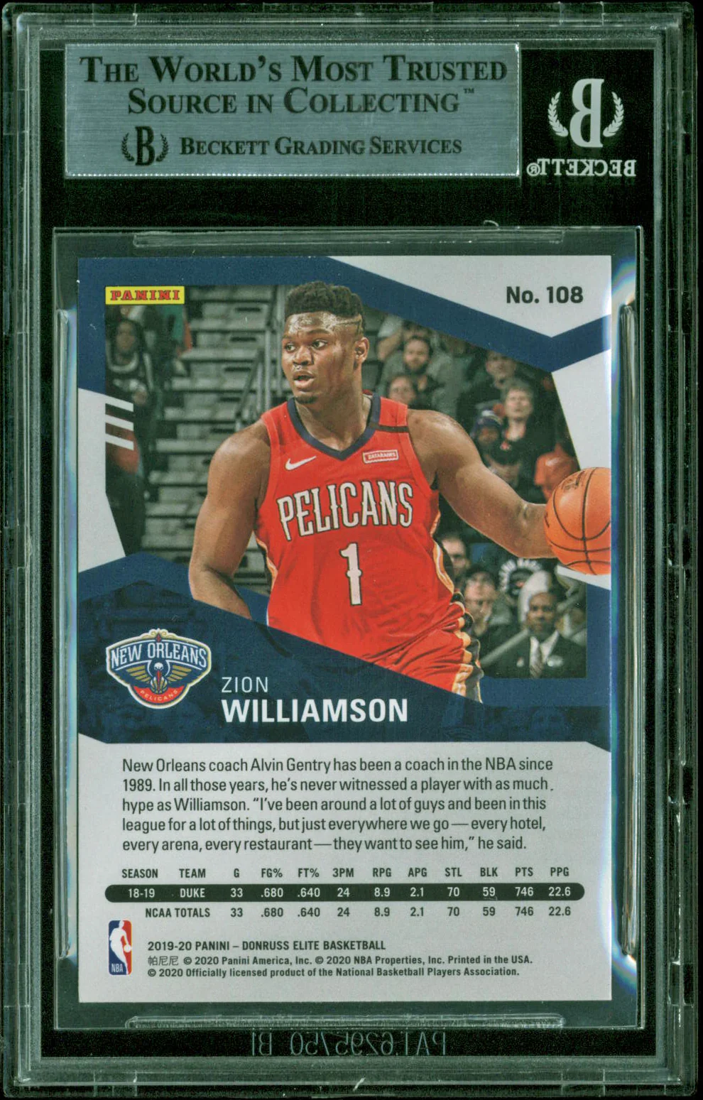 Pelicans Zion Williamson 2019-20 Panini Elite #108 BGS NM-MT+ 8.5 MINT - Image 3