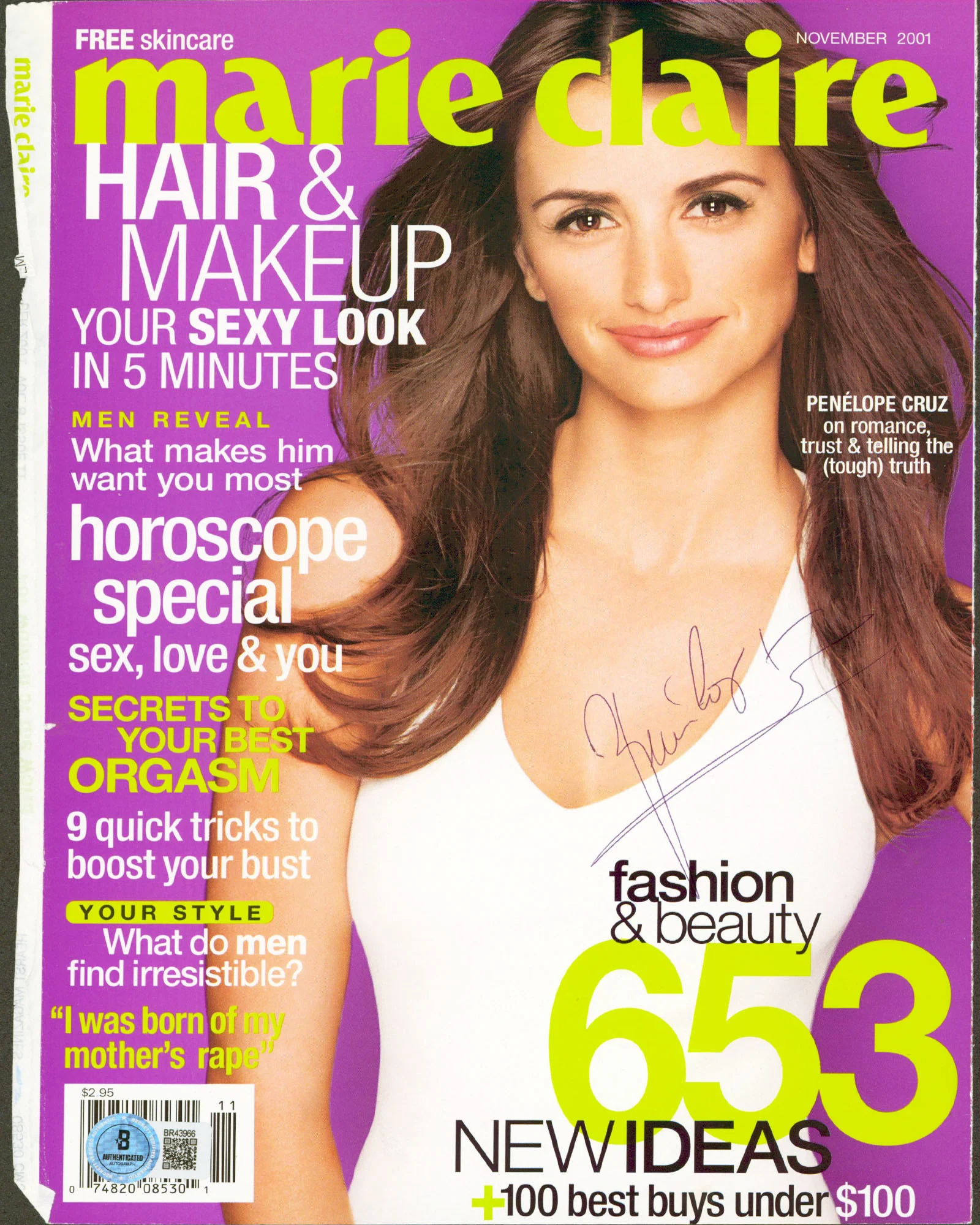 Penelope Cruz Authentic Signed Marie Claire Magazine Cover Nov. 2001 BAS#BR43966 - Image 2