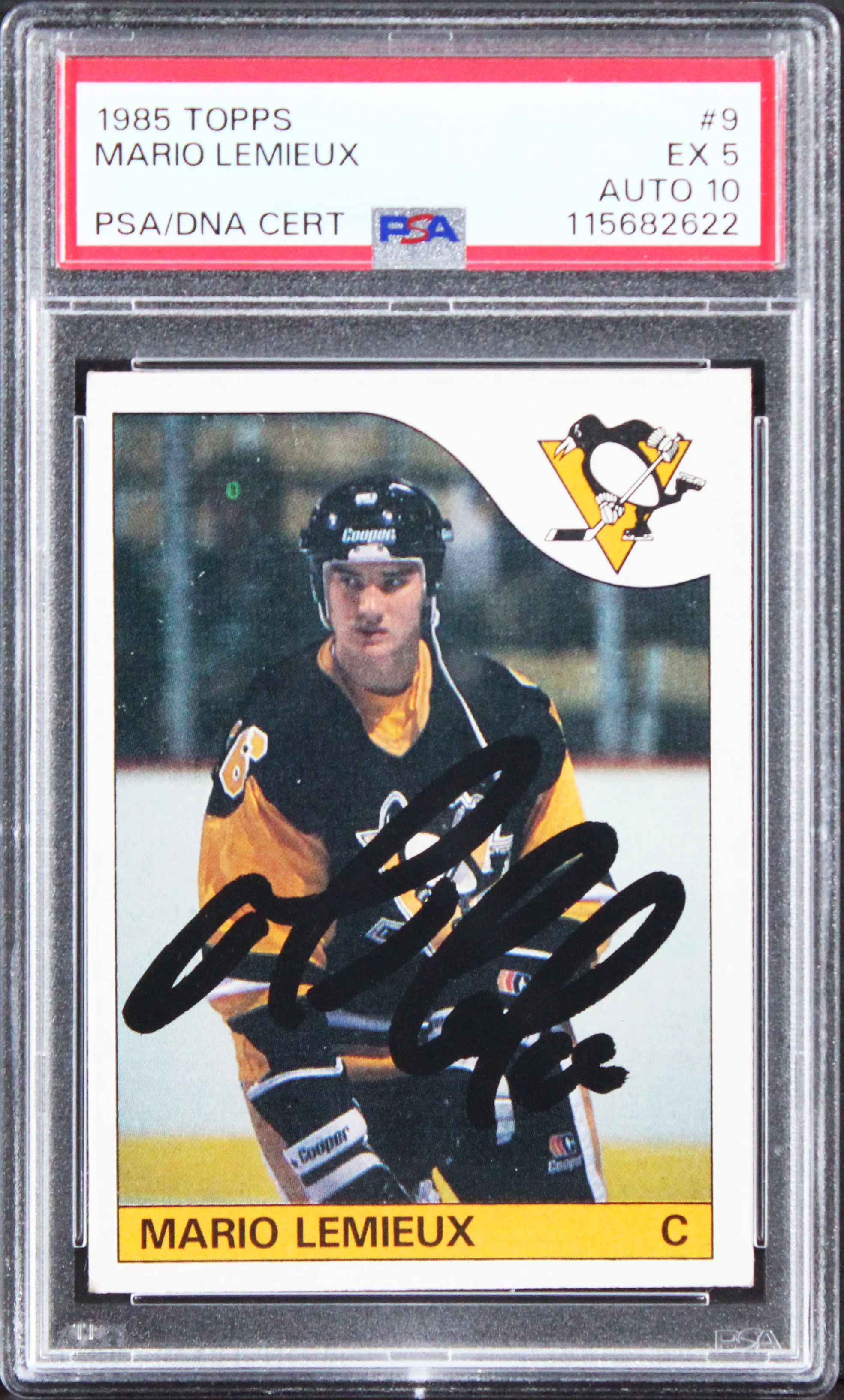 Penguins Mario Lemieux Signed 1985 Topps #9 RC Card Ex 5 Auto 10! PSA/DNA Slab - Image 2