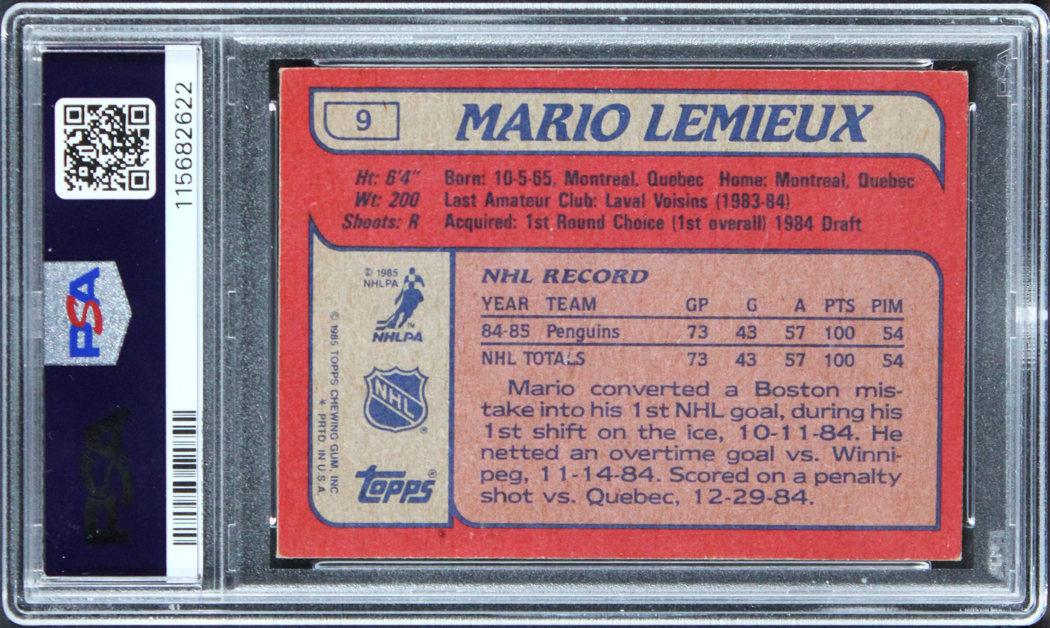 Penguins Mario Lemieux Signed 1985 Topps #9 RC Card Ex 5 Auto 10! PSA/DNA Slab - Image 3