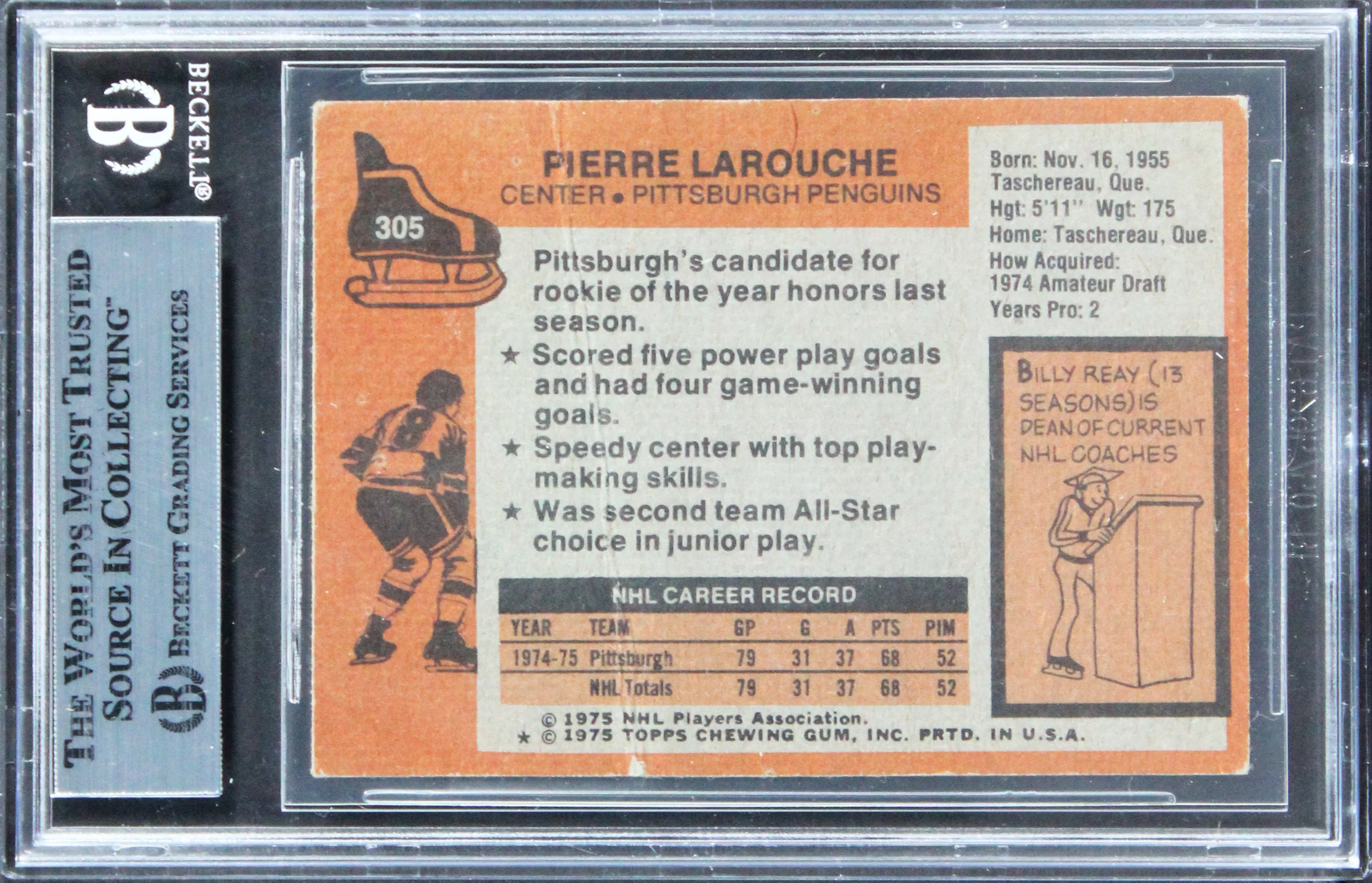 Penguins Pierre LaRouche Authentic Signed 1975 Topps #305 Card BAS Slabbed - Image 3