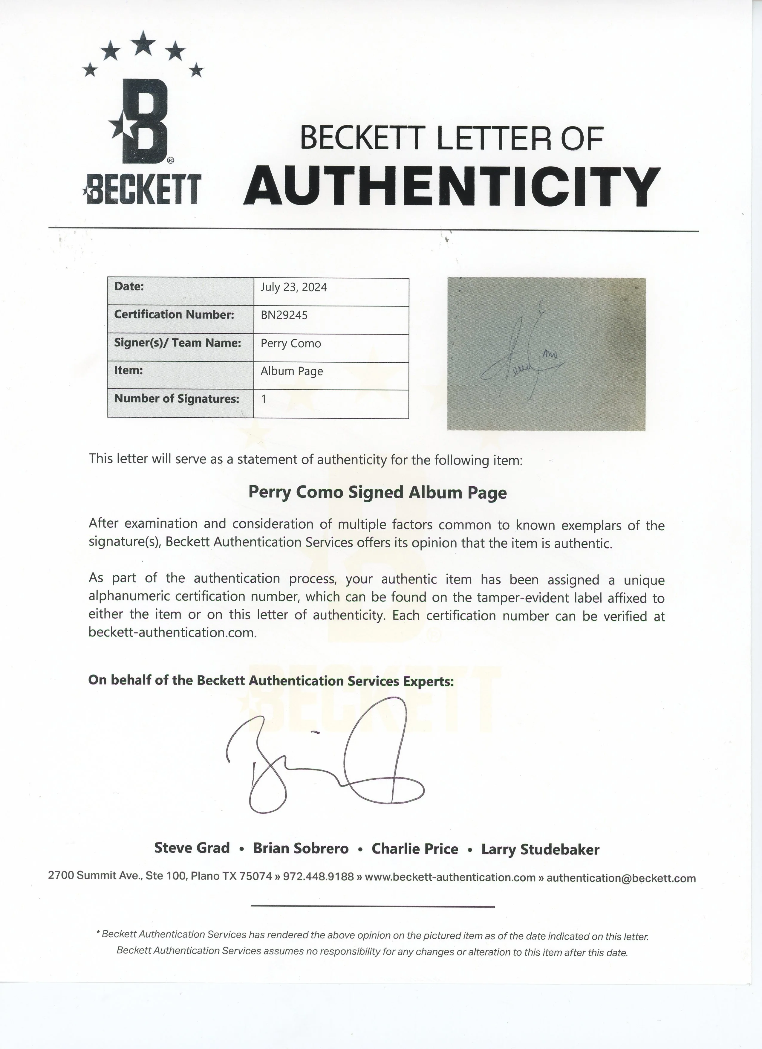 Perry Como Authentic Signed & Framed 2.5x3 Album Page Cut Signature BAS #BN29245 - Image 4