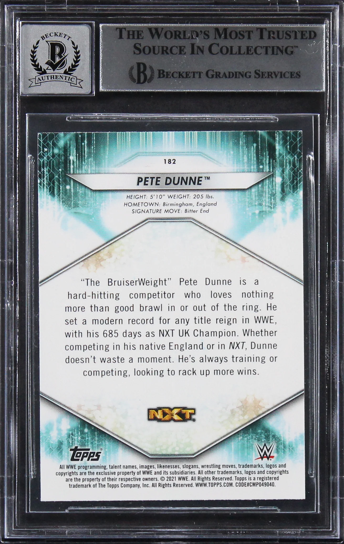 Pete Dunne Signed 2021 Topps WWE #182 Card Auto Graded Gem Mint 10! BAS Slabbed - Image 3
