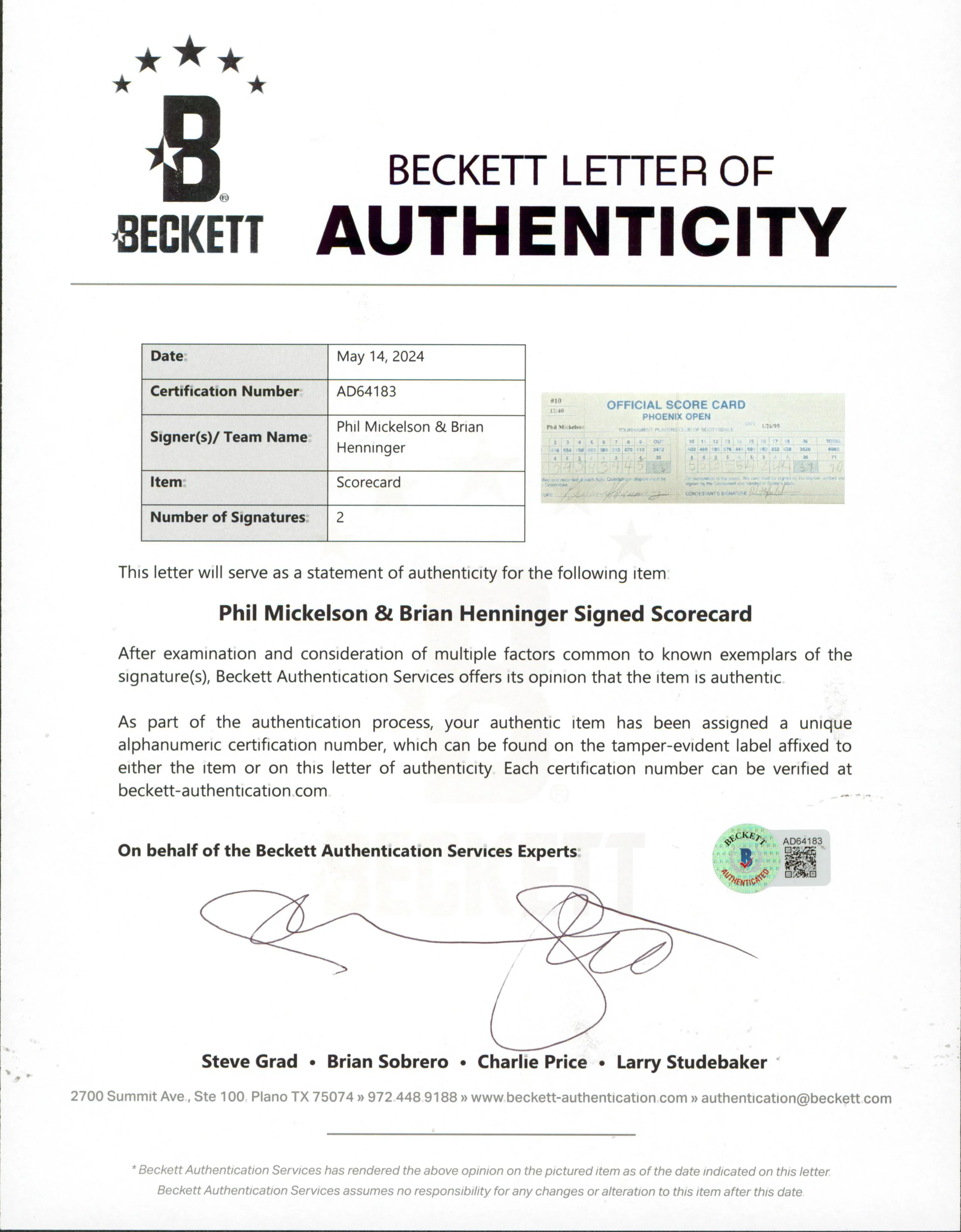 Phil Mickelson & Brian Henninger Signed 1995 Phoenix Open Scorecard BAS #AD64183 - Image 3