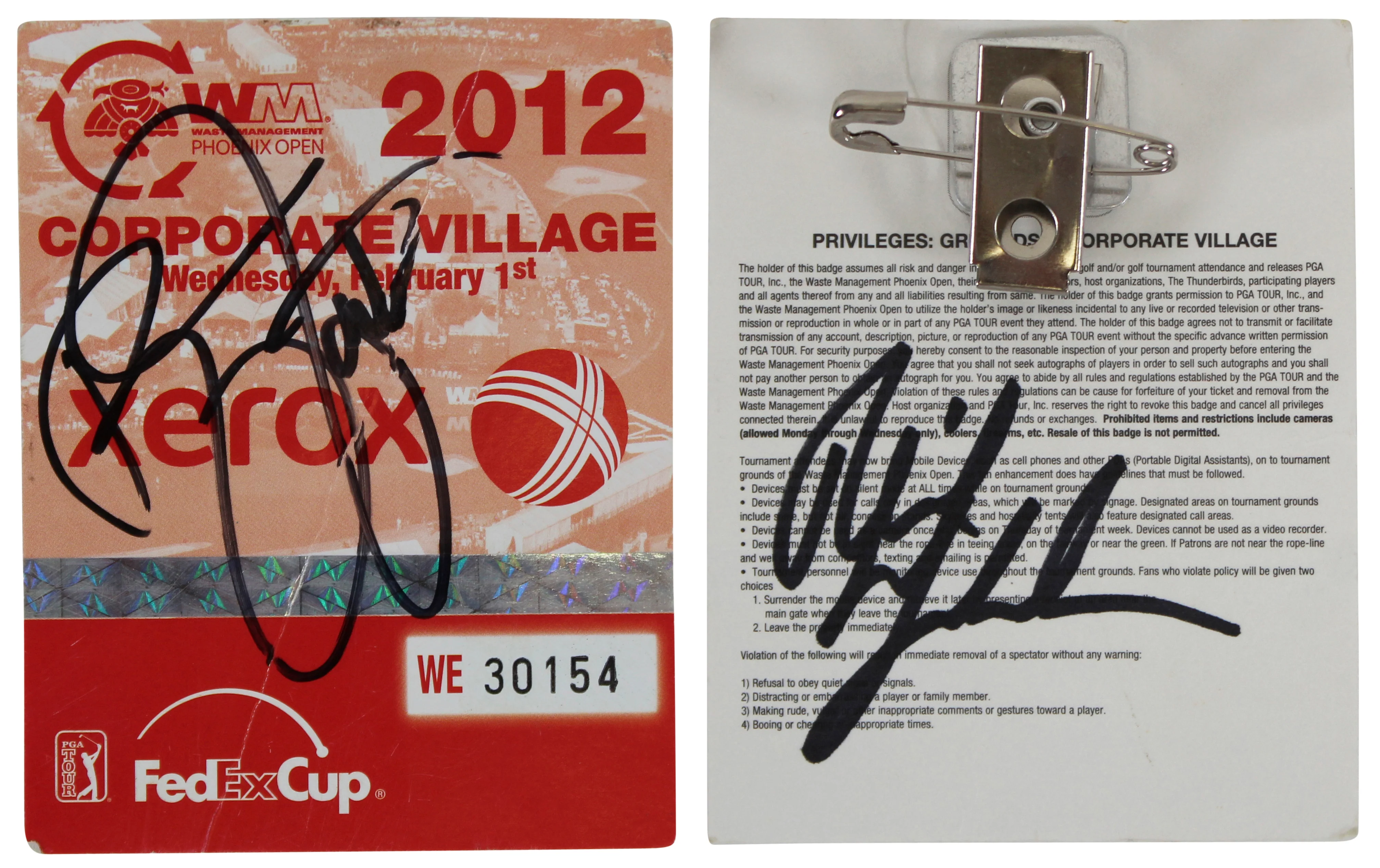 Phil Mickelson & Rickie Fowler Signed 2012 WM Phoenix Open Pass BAS #AC33614 - Image 2