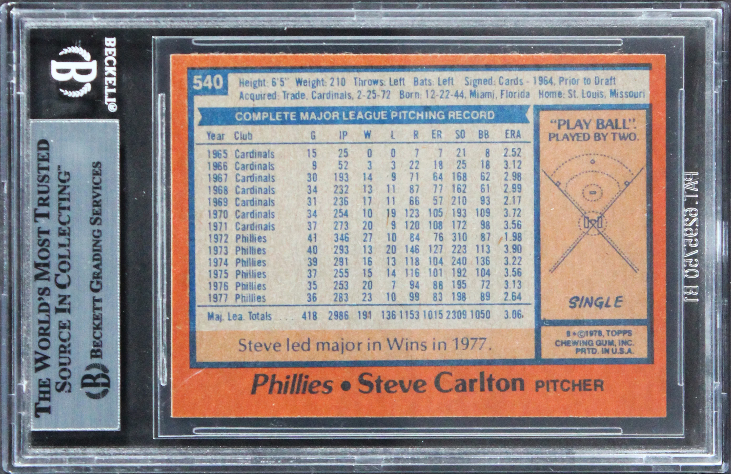 Phillies Steve Carlton Authentic Signed 1978 Topps #540 Card BAS Slabbed - Image 3