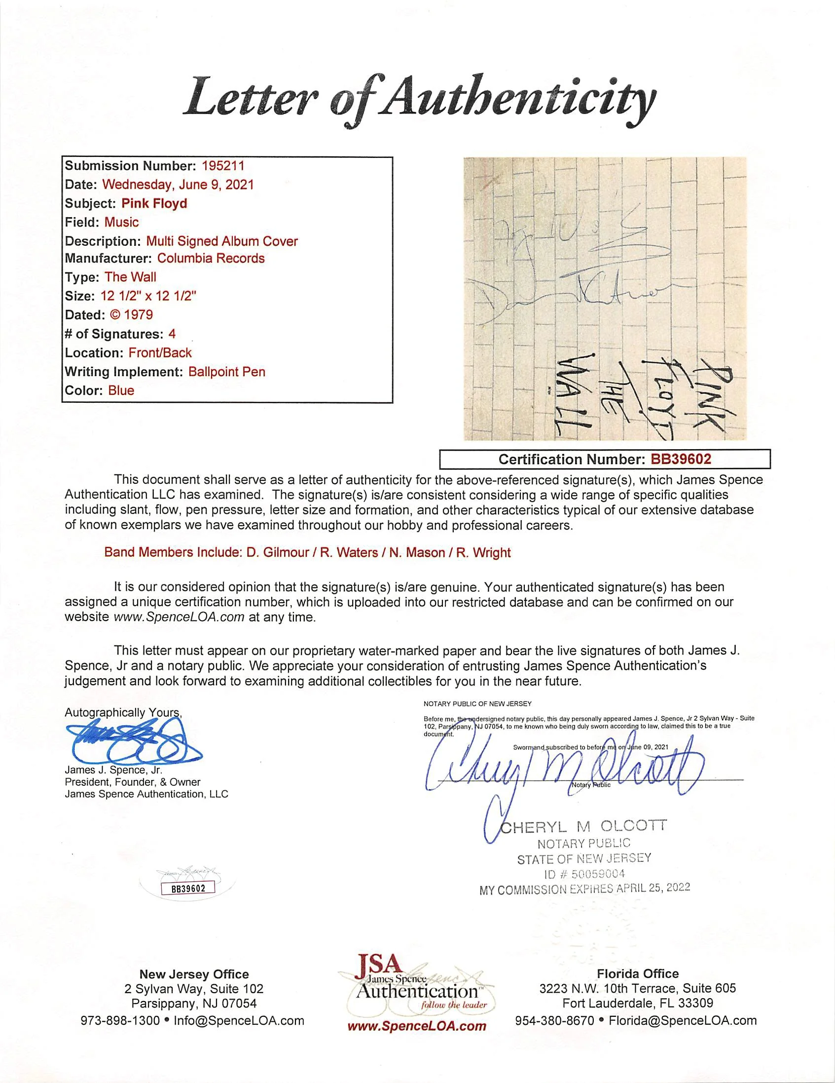 Pink Floyd (4) Gilmour, Waters, Mason & Wright Signed Album Cover JSA & BAS - Image 9