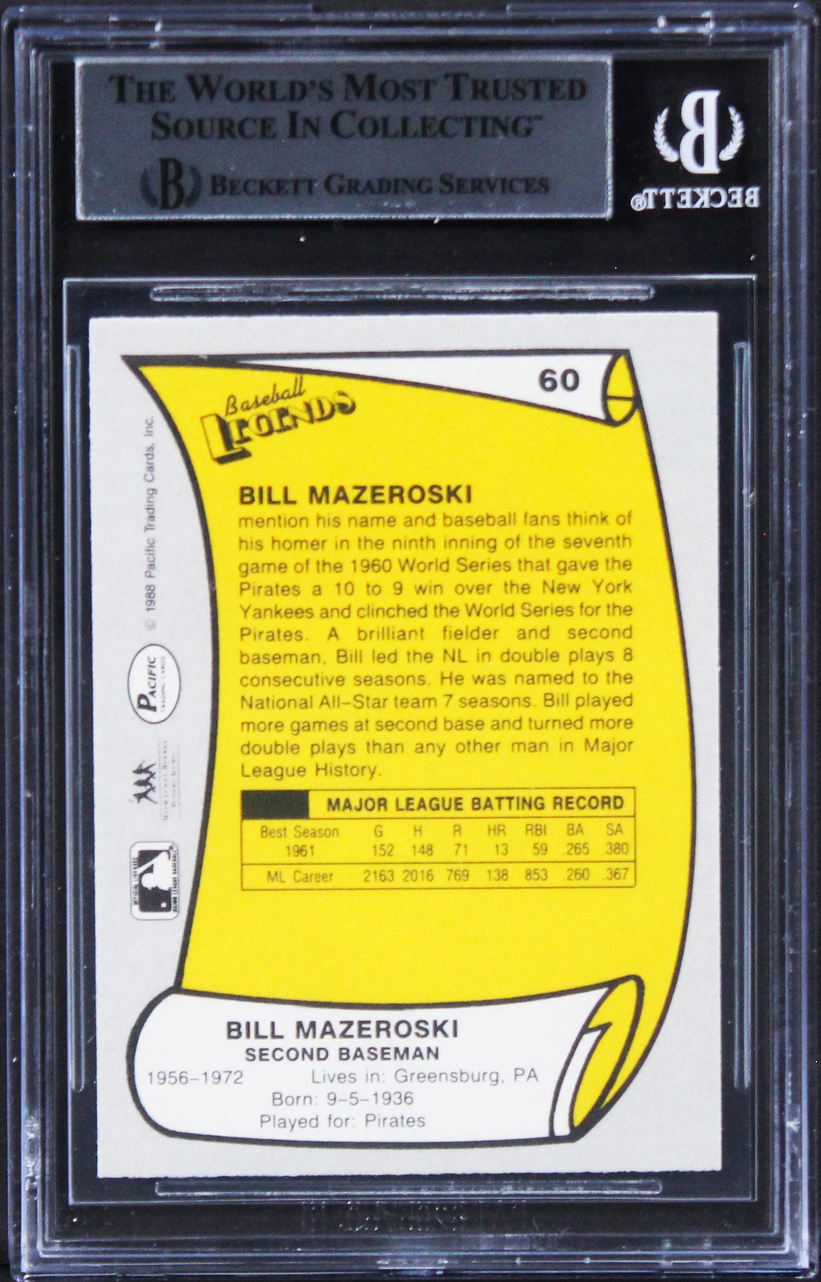 Pirates Bill Mazeroski Authentic Signed 1988 Pacific Legends I #60 Card BAS Slab - Image 3