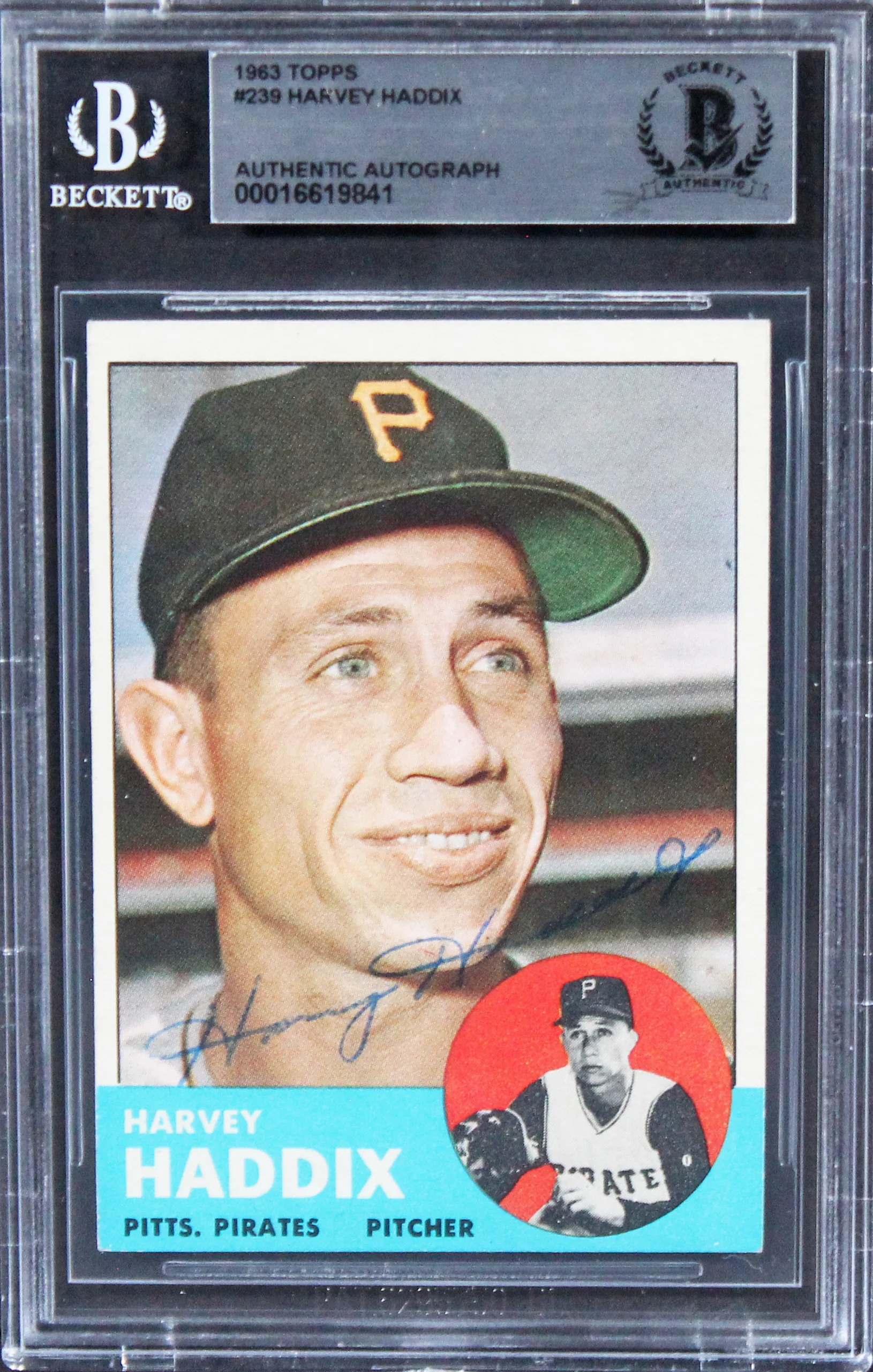Pirates Harvey Haddix Authentic Signed 1963 Topps #239 Card BAS Slabbed - Image 2