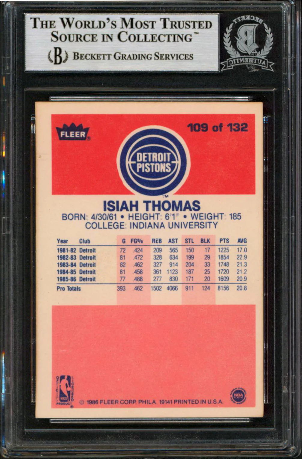 Pistons Isiah Thomas & Bill Oakes HOF 2000 Signed 1986 Fleer #109 Card BAS Slab - Image 3