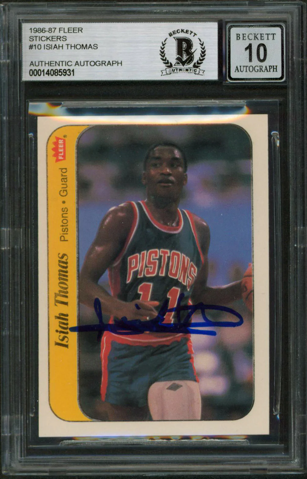 Pistons Isiah Thomas Signed 1986 Fleer Stickers #10 Card Auto 10! BAS Slabbed - Image 2