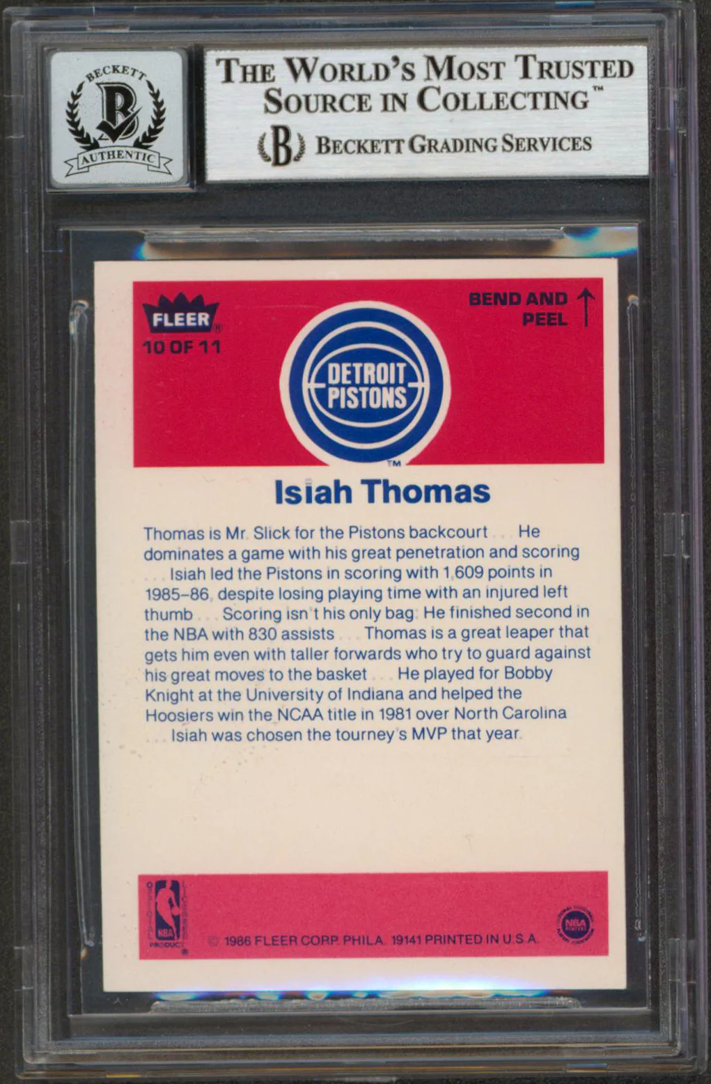 Pistons Isiah Thomas Signed 1986 Fleer Stickers #10 Card Auto 10! BAS Slabbed - Image 3