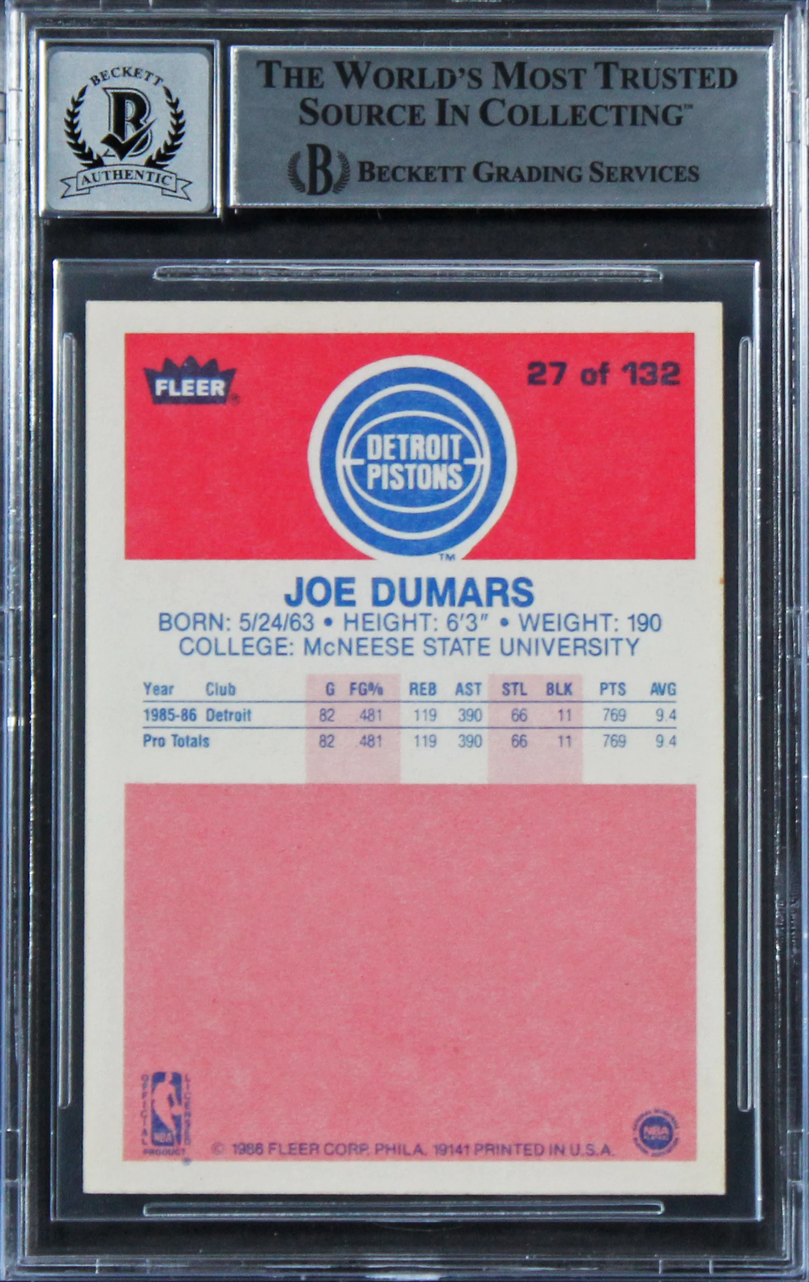 Pistons Joe Dumars Authentic Signed 1986 Fleer #27 Card Auto 10! BAS Slabbed - Image 3