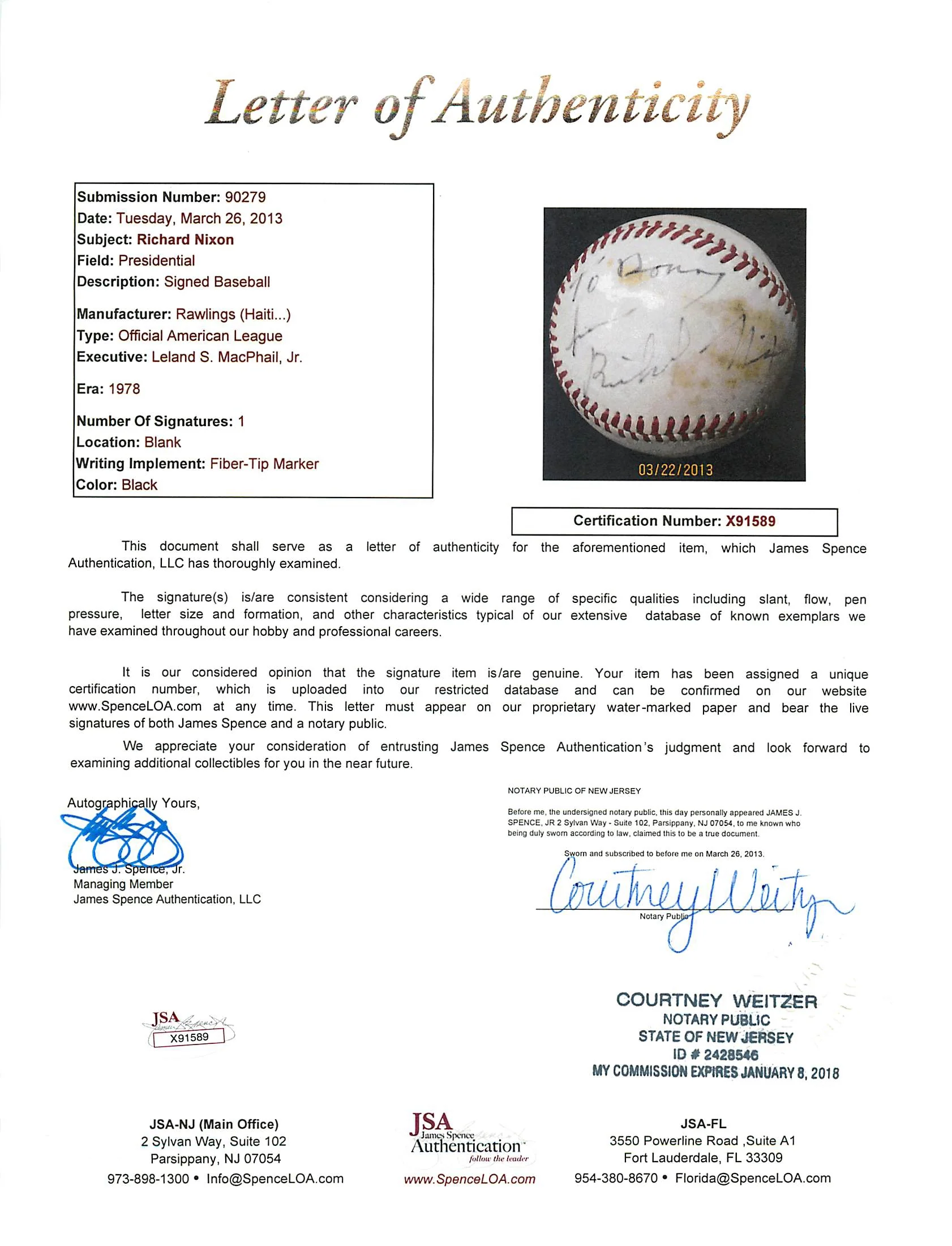 President Richard Nixon Signed Authentic OAL MacPhail Baseball JSA #X91589 - Image 7