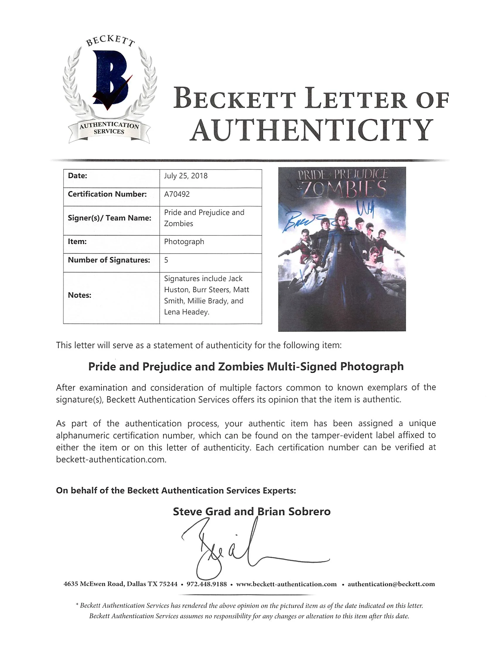 Pride & Prejudice & Zombies (5) Headey , Brady +3 Signed 12x18 Photo BAS #A70492 - Image 6