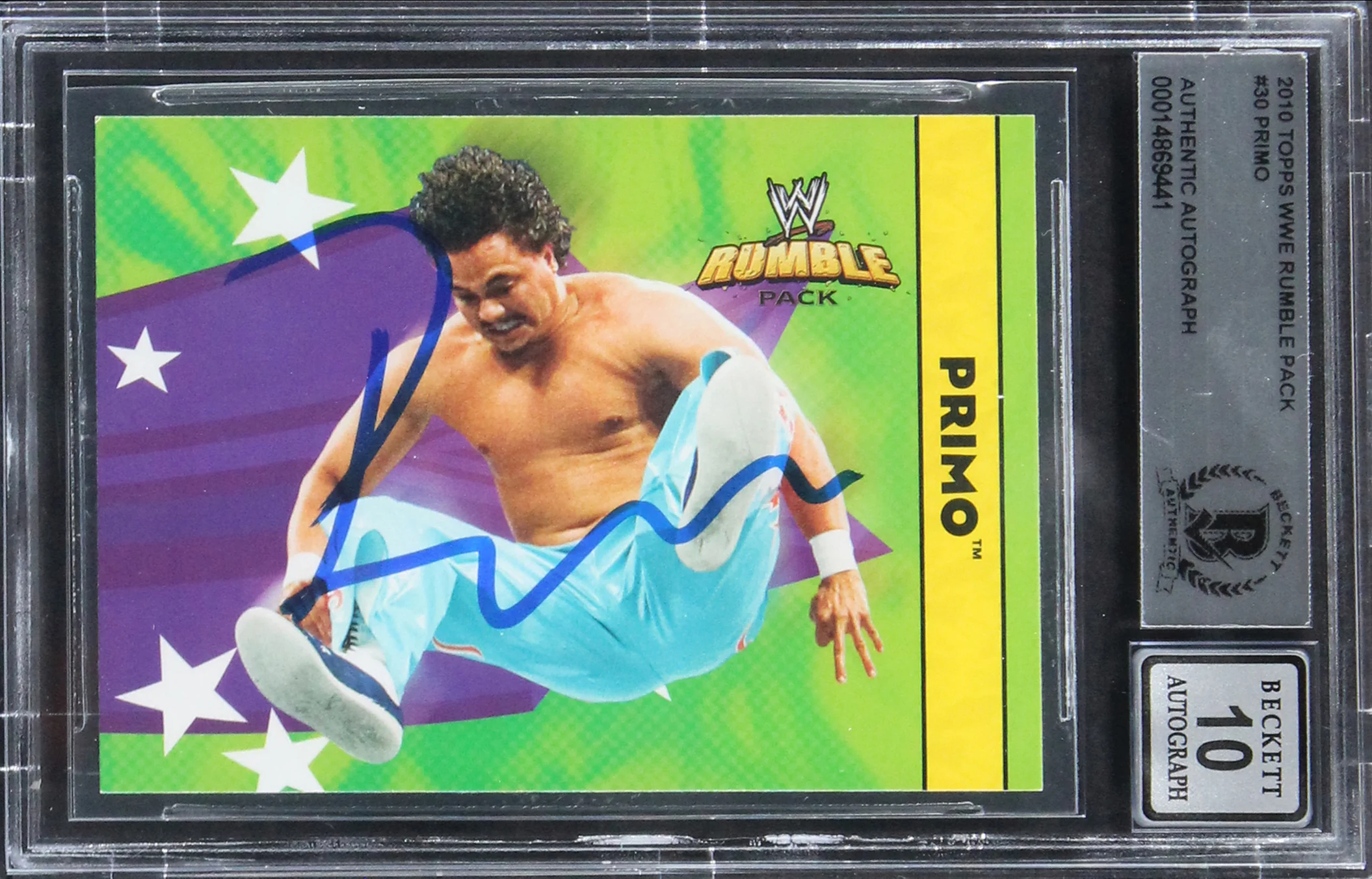 Primo Authentic Signed 2010 Topps WWE Rumble Pack #30 Card Auto 10! BAS Slabbed - Image 2