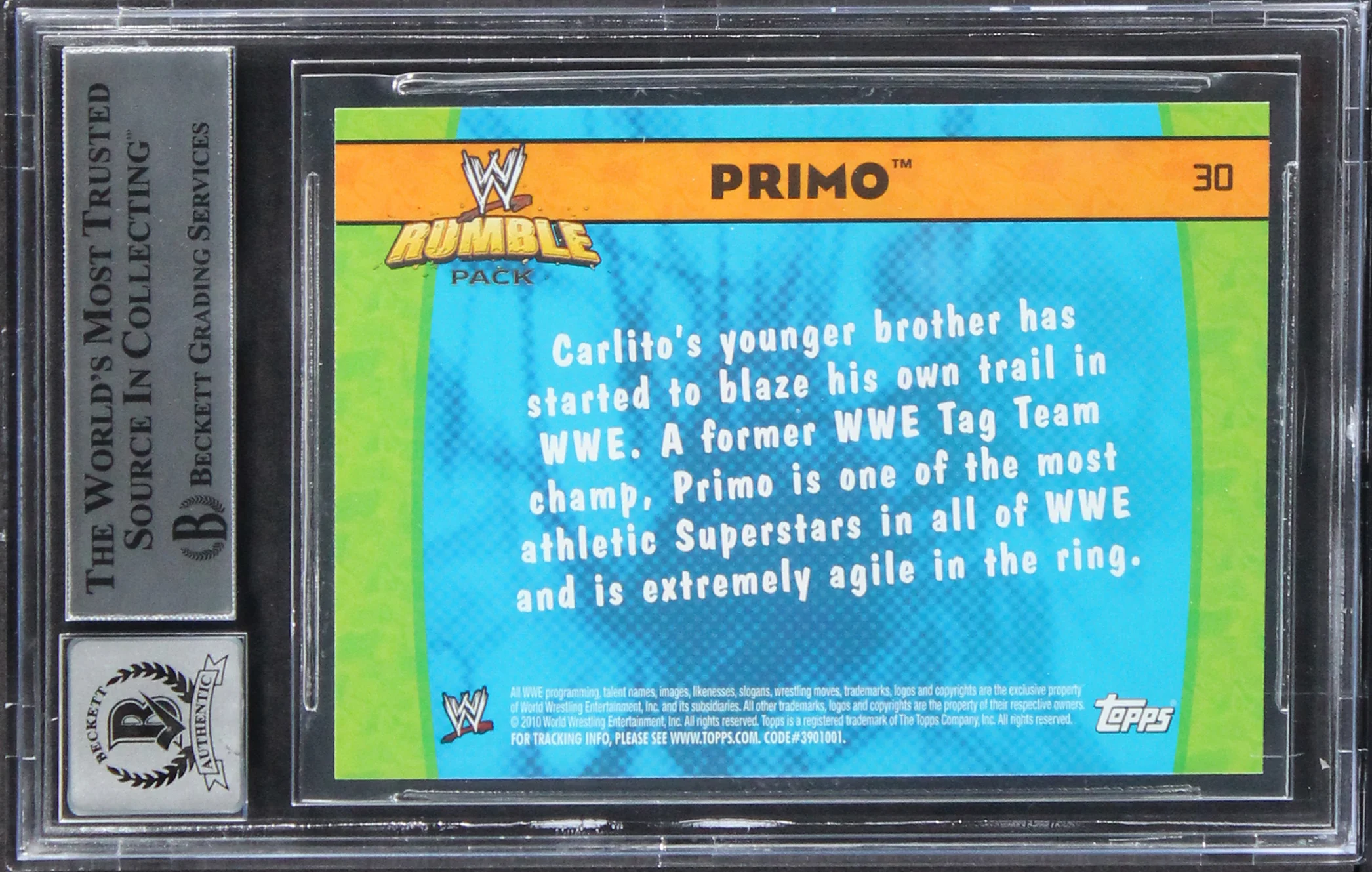 Primo Authentic Signed 2010 Topps WWE Rumble Pack #30 Card Auto 10! BAS Slabbed - Image 3