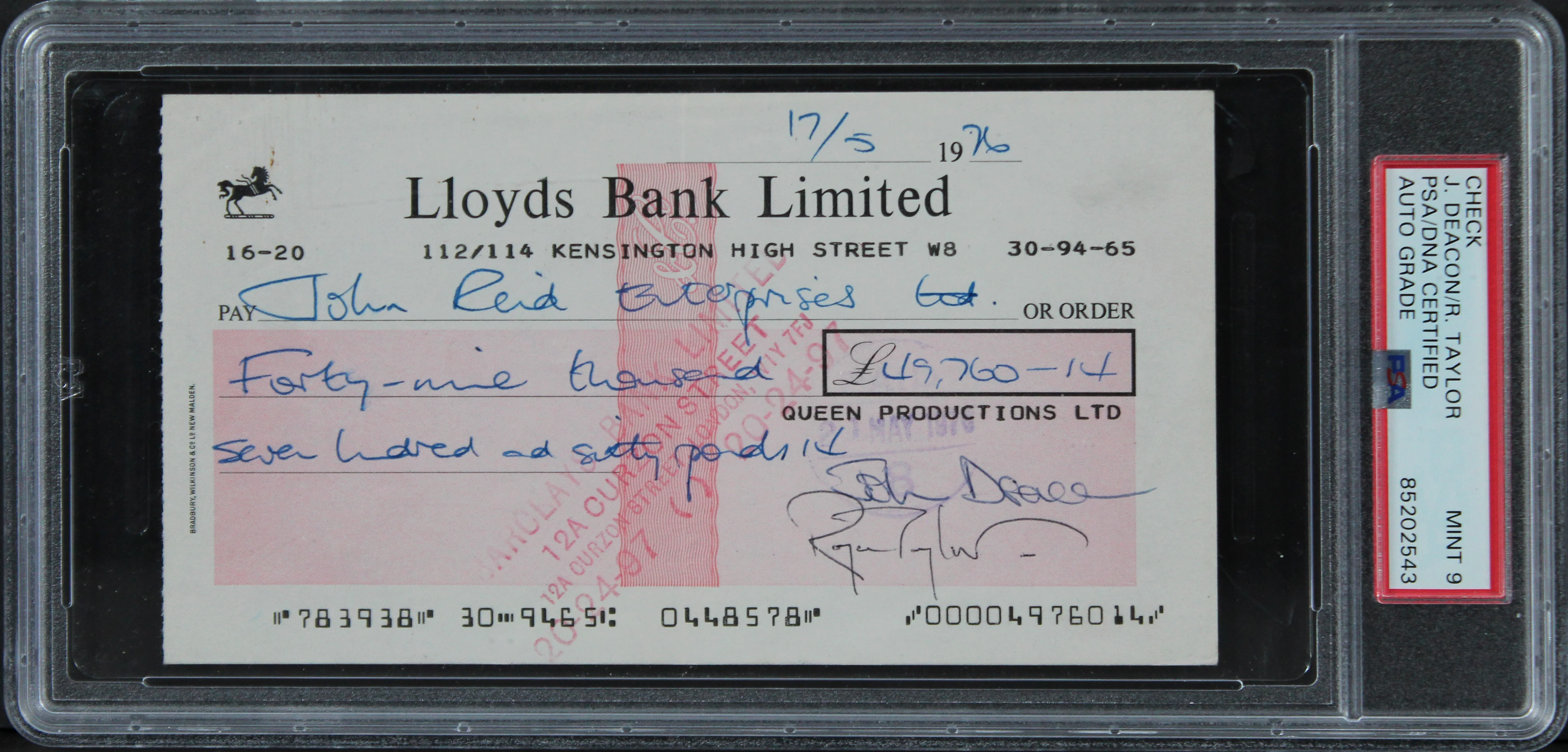 Queen (4) Mercury, May, Deacon, Taylor Signed 1976 Bank Set Of 3 Checks PSA Slab - Image 3